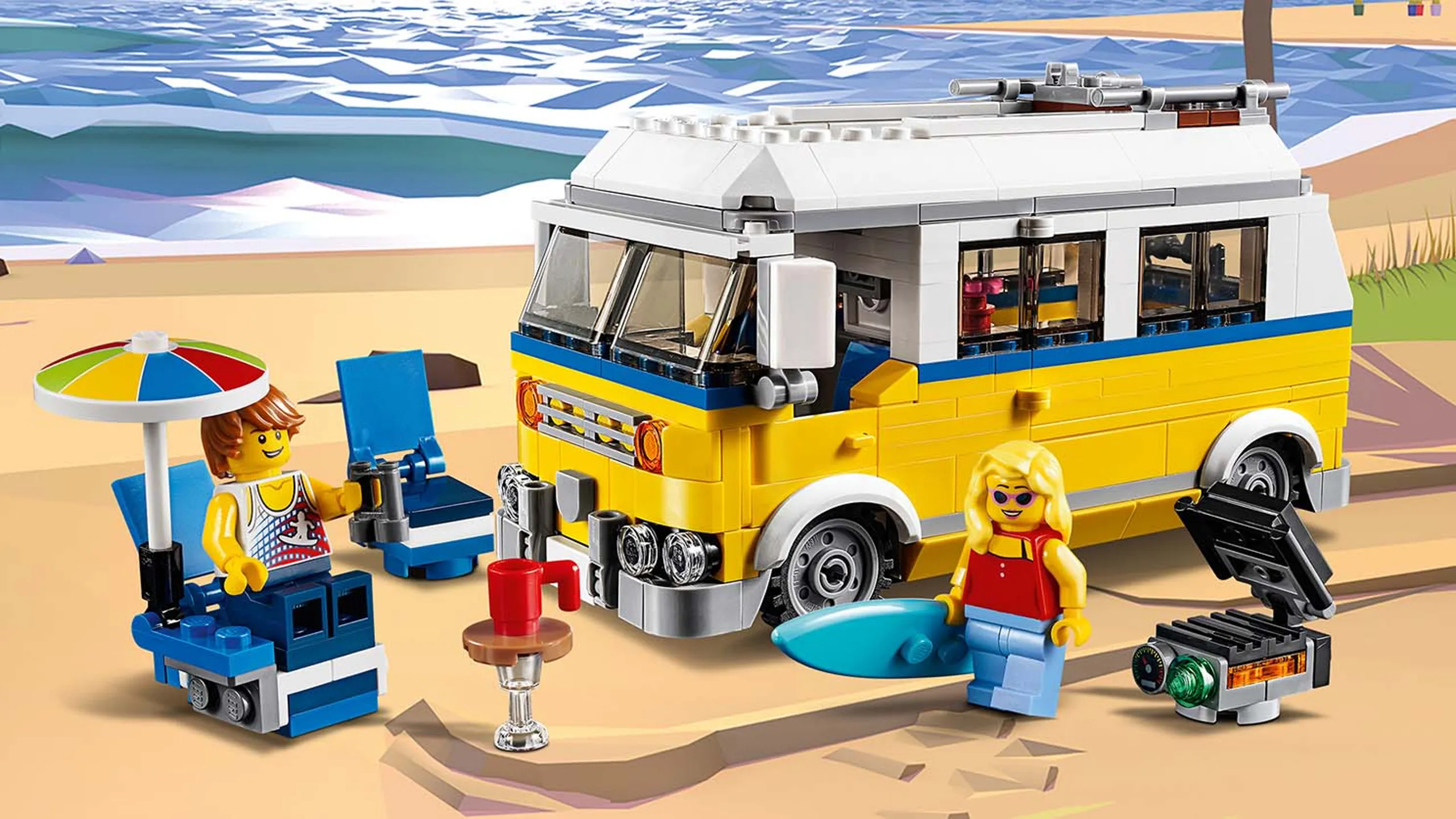 LEGO Creator 3-in-1 Sunshine Surfer Van - 31079 - A van packed with surfboards and beach stuff is parked near the ocean.