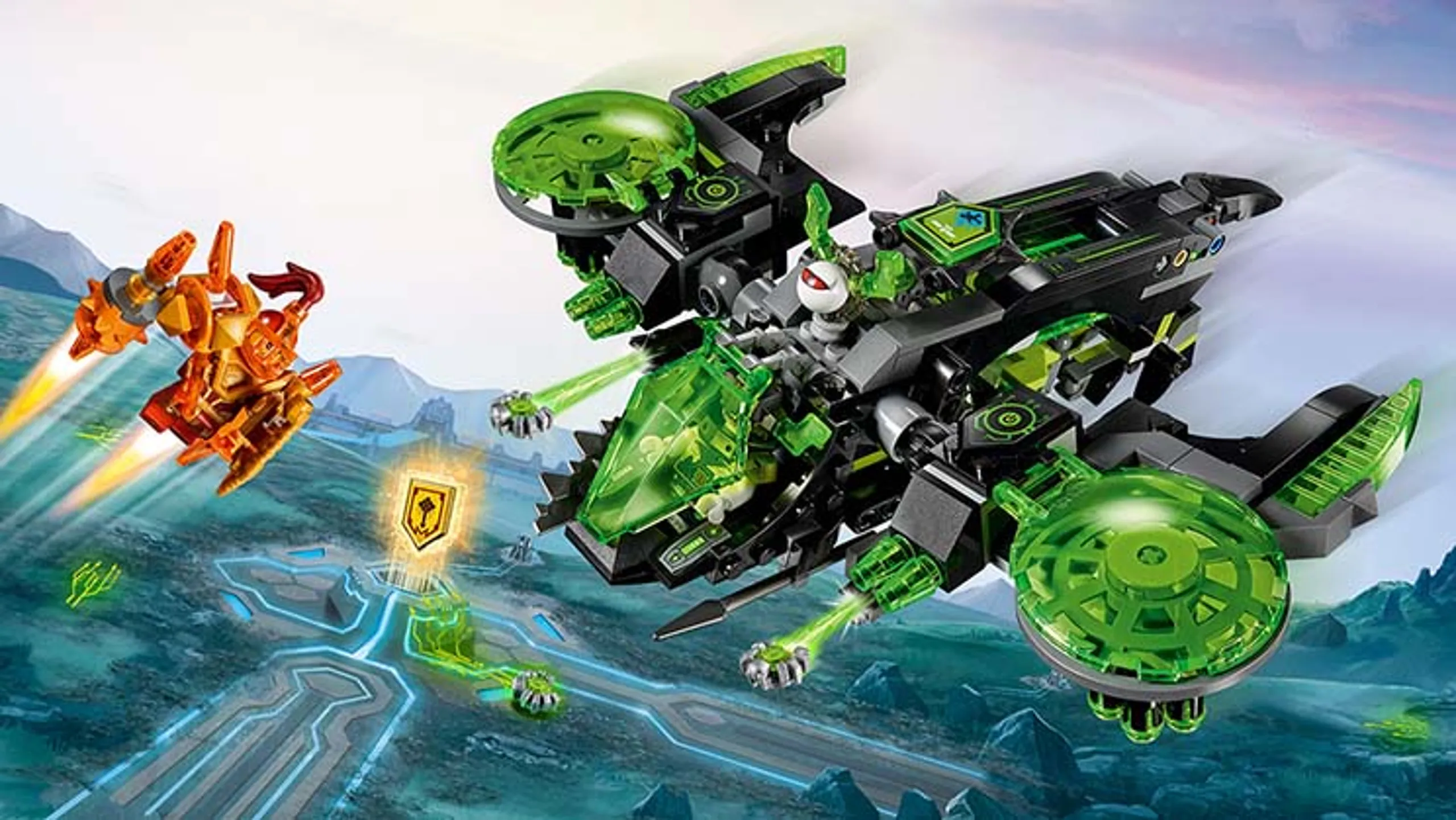 LEGO® NEXO KNIGHTS™ Berserker Bomber – 72003 – the Berserker Bomber has spotted Macy with her Jet Pack. Includes 2 scannable shields for the NEXO Powers 