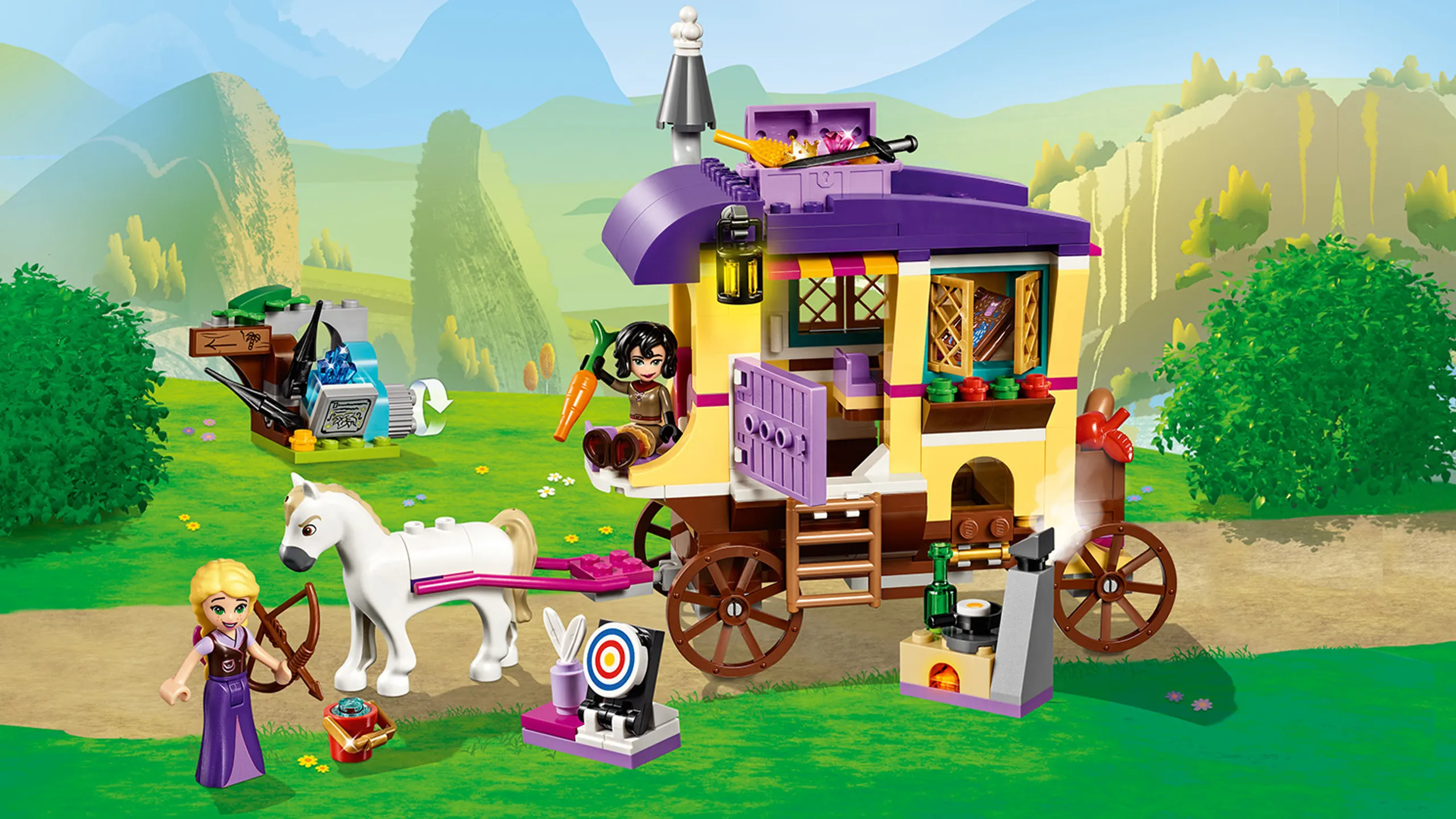LEGO Disney - 41157 Rapunzel's Travelling Caravan - Rapunzel practice shooting with her bow while her protector Cassandra is driving the caravan with Maximus the horse.