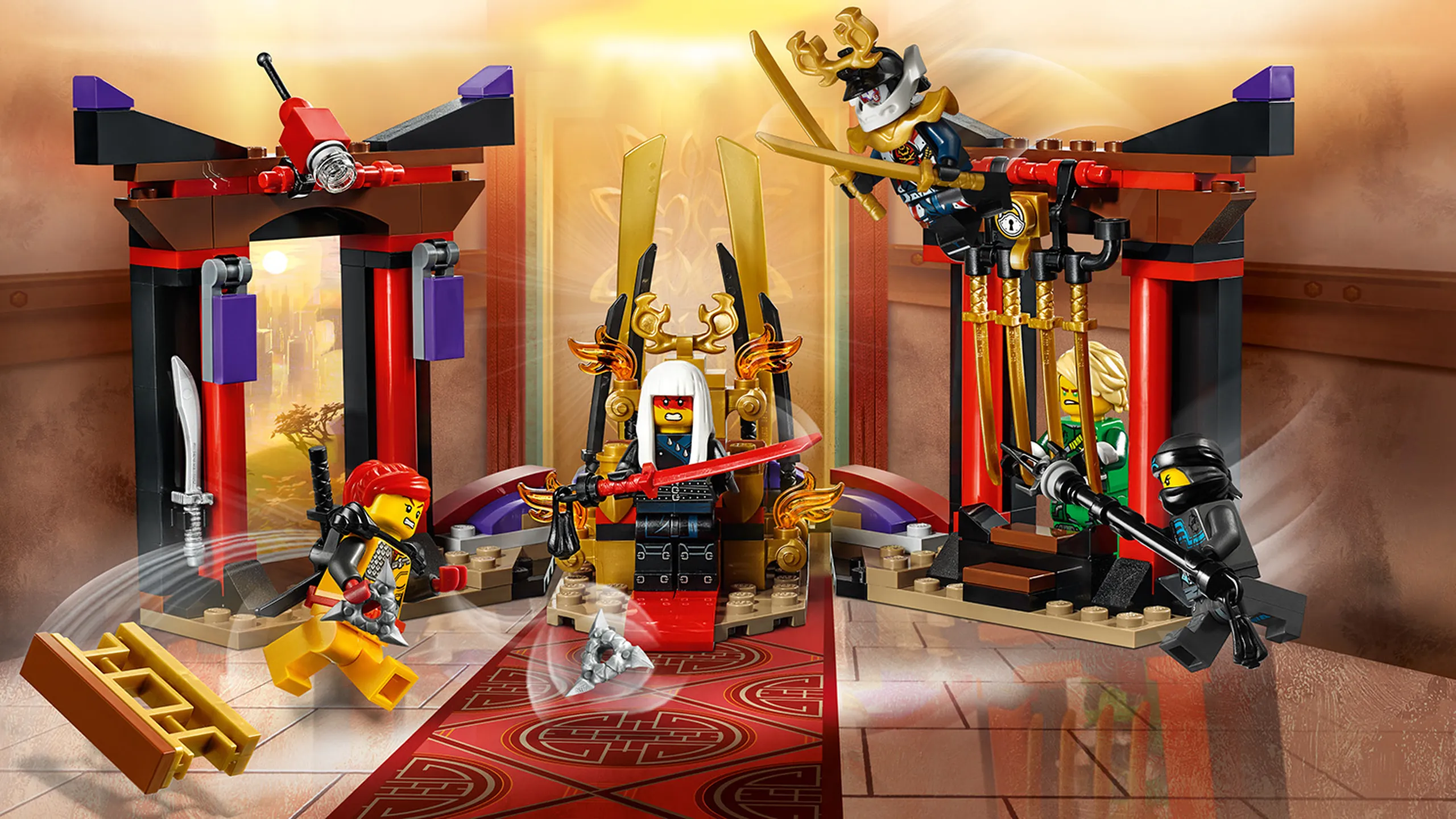 LEGO Ninjago - 70651 Thorne Room Showdown - Lloyd is trapped in the Palace of Secrets! Red haired Skylor smashes through the wall and Nya is in a face-off with Princess Harumi who has golden katanas.