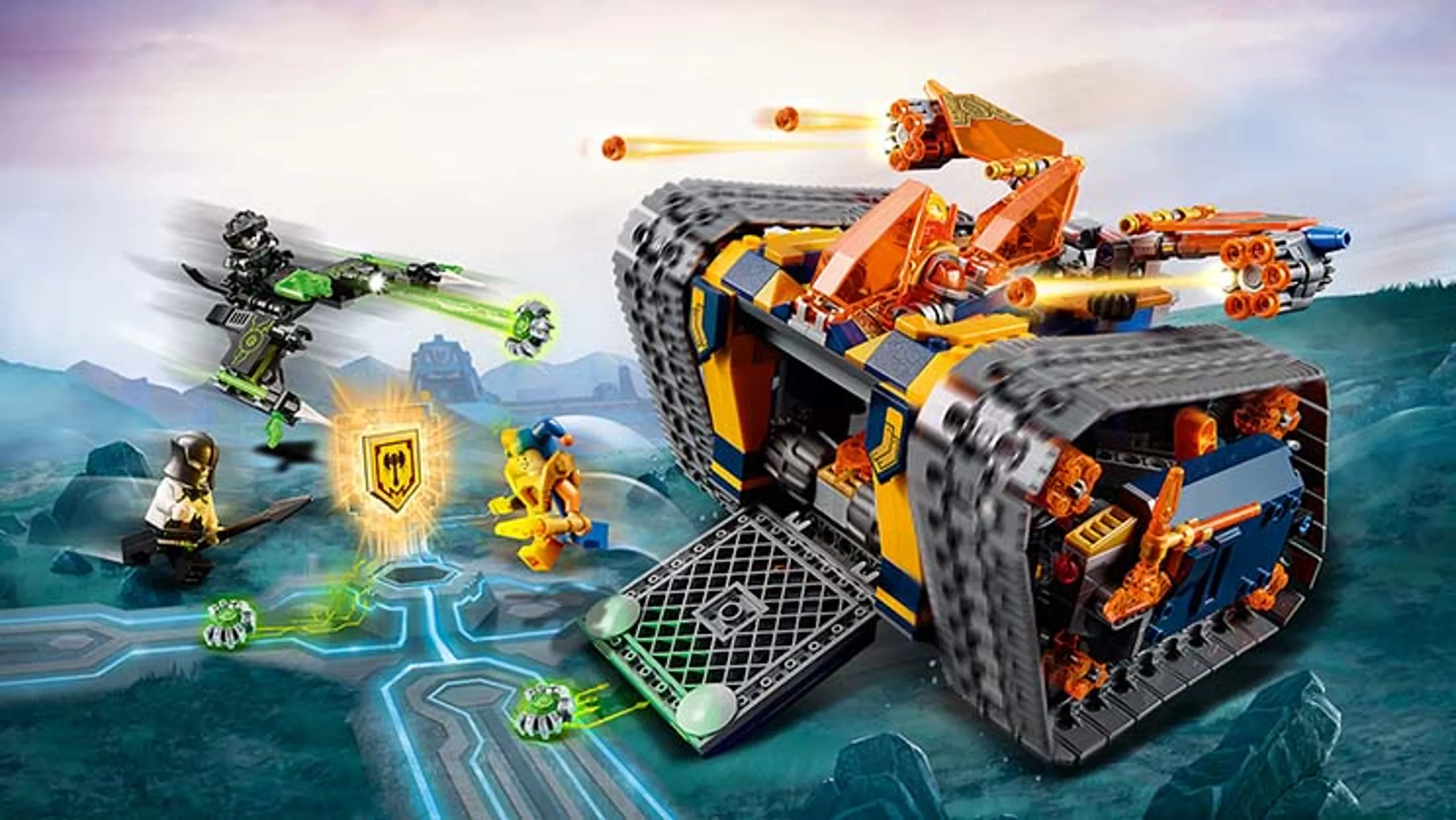 LEGO® NEXO KNIGHTS™ Axl's Rolling Arsenal – 72006 – Jestro has joined forces with heroic knight Axl to help him defeat VanByter No. 407 and the MegaByter. Fire the tank’s flick missiles and launch the Jestroyer. Includes 3 scannable shields for the NEXO Powers 