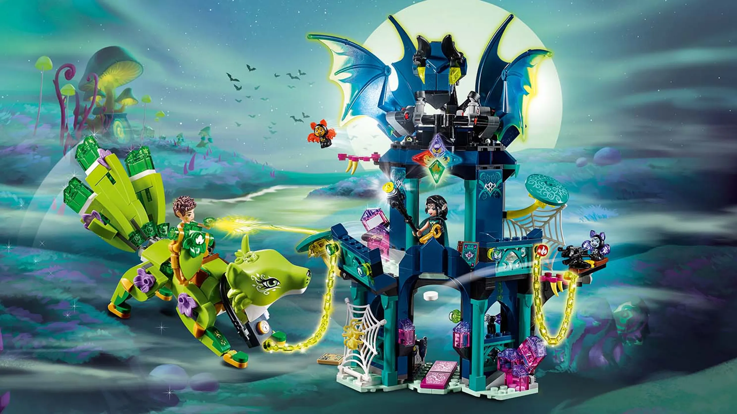 LEGO Elves - 41194 Noctura's Tower & the Earth fox Rescue - Farran is trying to rescue Liska the Guardian Earth Fox that has been captured by Noctura and chained to her Tower of Shadows.