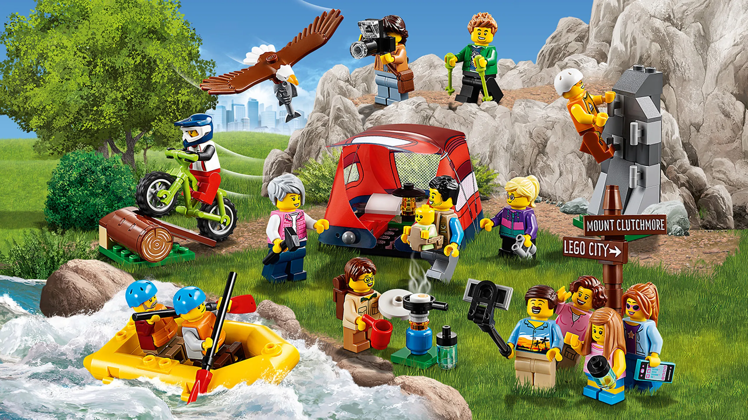 LEGO City Town - 60202 People Pack: Outdoor Adventures - Go camping in nature! Put up your tent, make dinner, see an eagle, climb in the mountains, take selfies or river raft.