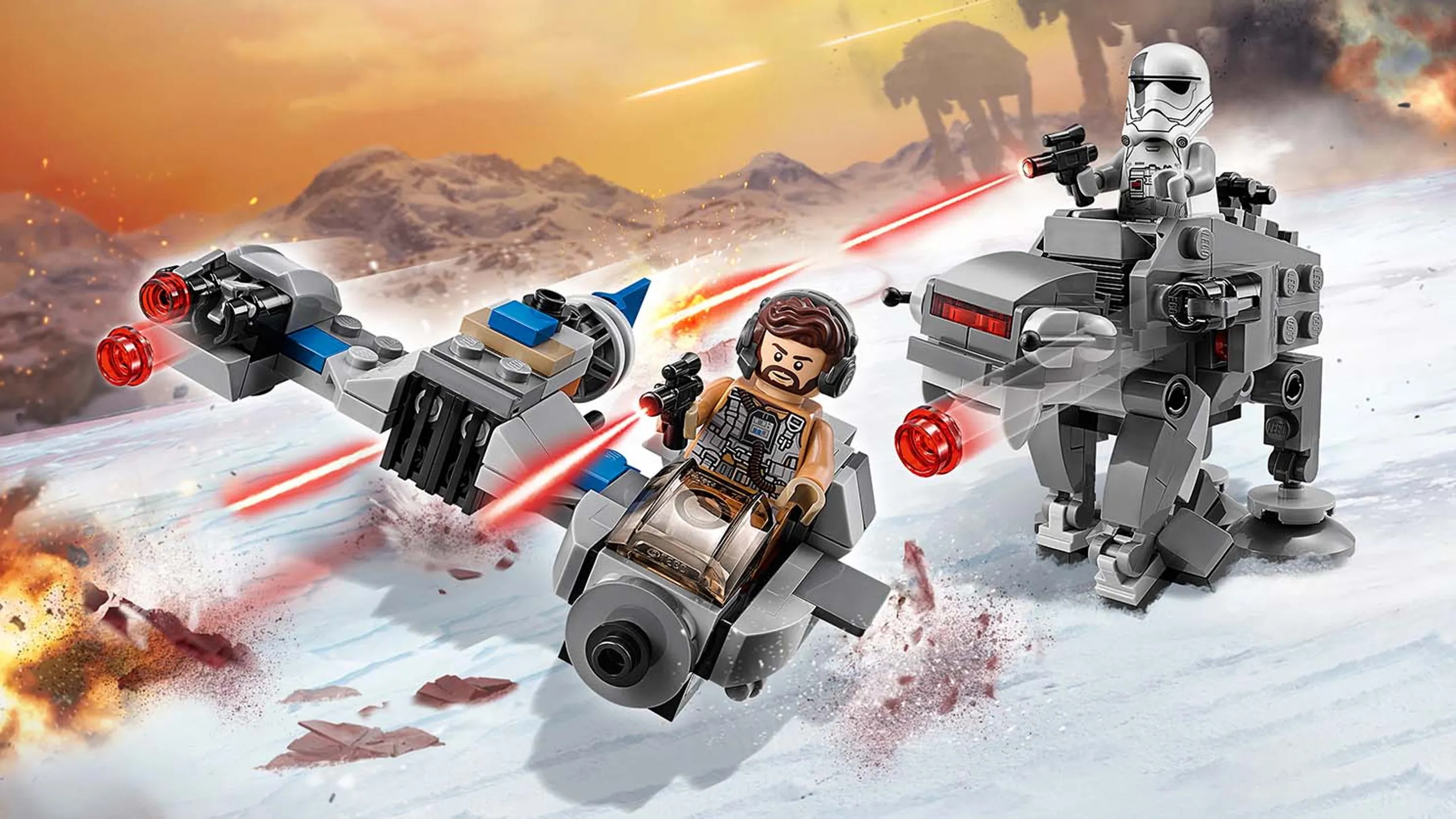 LEGO Star Wars Ski Speeder™ vs. First Order Walker™ Microfighters - 75195 - The Resistence Speeder Pilot is dodging the First Order Walker's laser shots.
