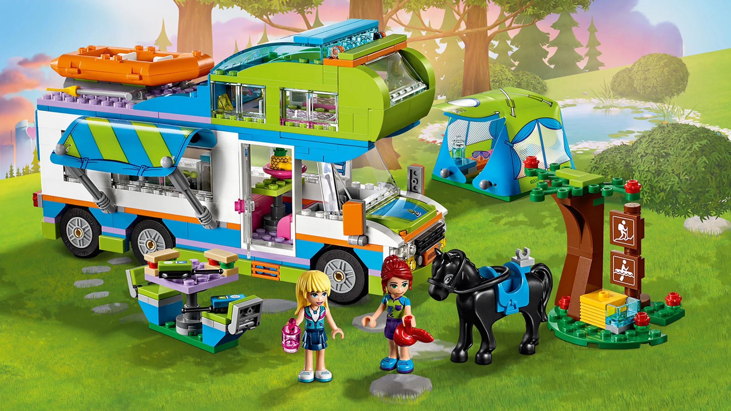 LEGO Friends Mia's Camper Van - 41339 - Drive to the countryside in the Camper Van with Mia and Stephanie for a camping adventure. Set up the canopy and picnic bench, then get to work in the kitchen preparing a meal to enjoy outside. Plan adventures in the inflatable dinghy or take the friendly horse for a ride. Pitch the tent and camp out under the stars.