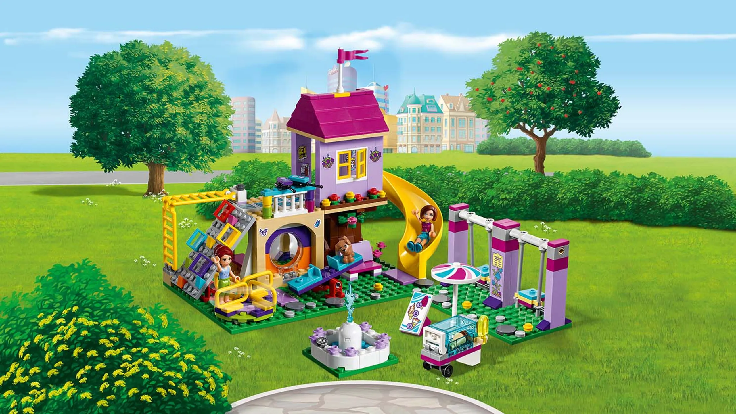 LEGO Friends - 41325 Heartlake City Playground - Sienna and Mia are on the playground with their puppy where they can take a ride on the slide, the swings, the seesaw, the carousel, the climbing wall, have fun and take a break with an ice cream.