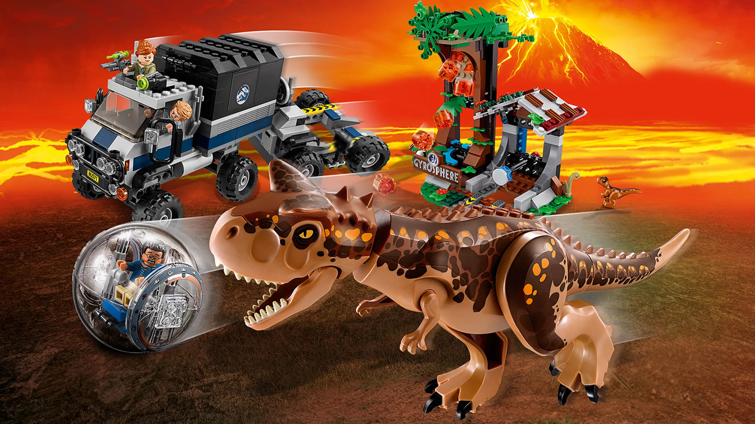 LEGO Jurassic World - 75929 Carnotaurus Gyrosphere Escape - The brown Carnotaurus is running after a scientist in the Gyrosphere and the other team members are racing along in a truck on the volcanic island.
