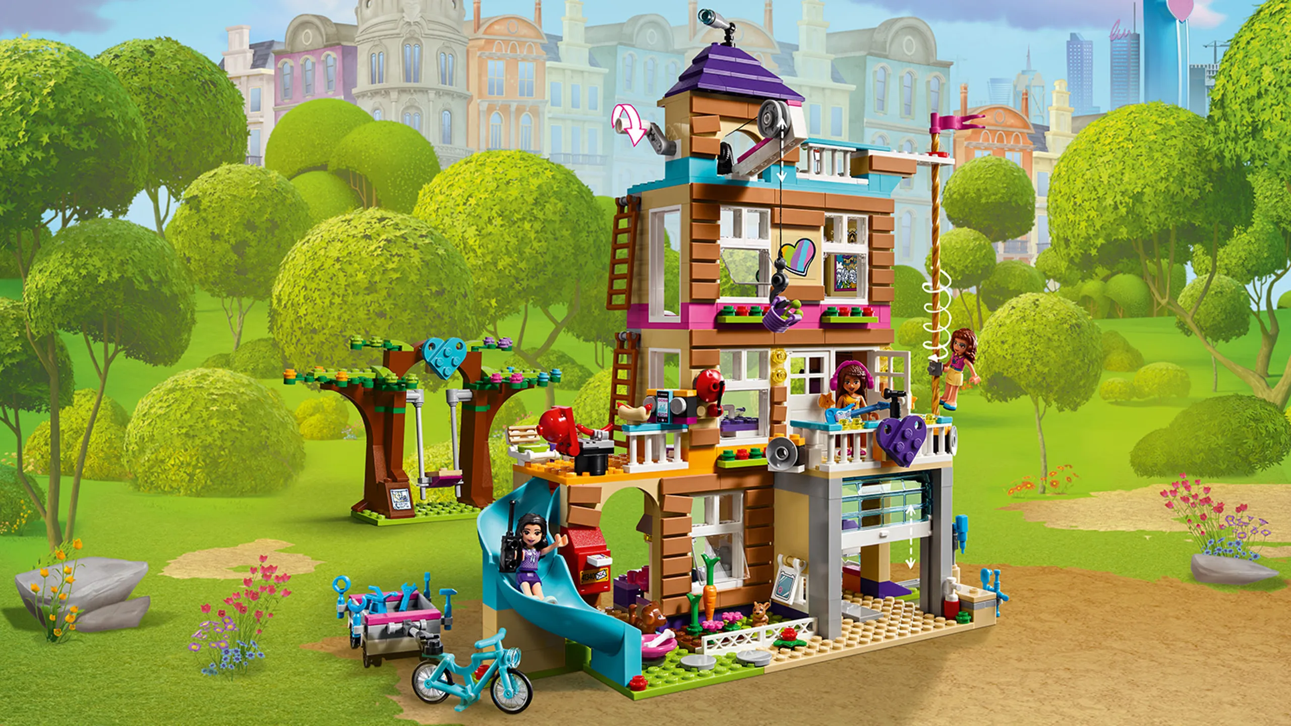 LEGO Friends Friendship House - 41340 - The old fire station have been turned it into the ultimate LEGO® Friends headquarters. Relax in the rooftop hot tub, get creative in Emma’s craft room or enjoy Andrea’s performance terrace. Make popcorn in the kitchen and spin the bedroom TV to reveal the secret mission screen. Once briefed, slide down the fireman's pole and speed off on Olivia's bike!