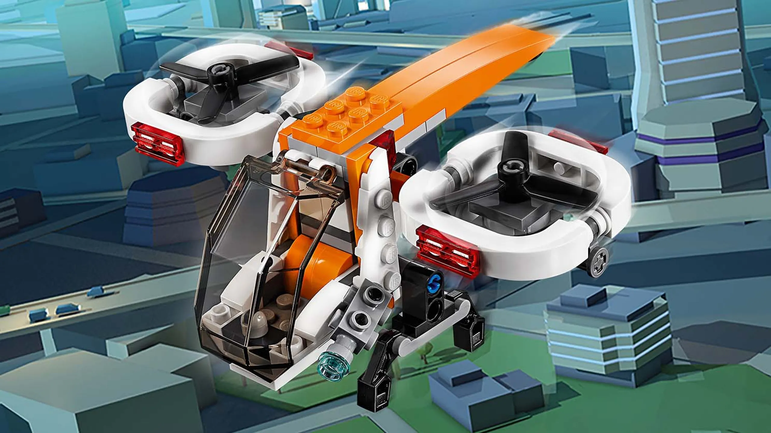 LEGO Creator 3-in-1 Drone Explorer - 31071 - The drone is flying above the city, taking a bird's-eye view of the landscape.