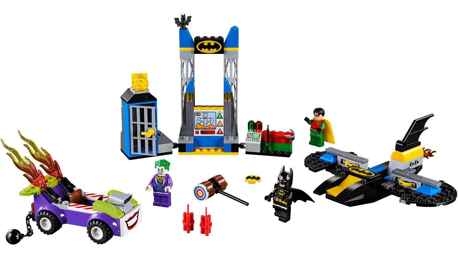 LEGO Juniors The Joker™ Batcave Attack - 10753 Protect Batcave with Batman™ in Batwing jet, while Robin™ chase The Joker™ in his flame-shooting hotrod and use some Batdiscs 