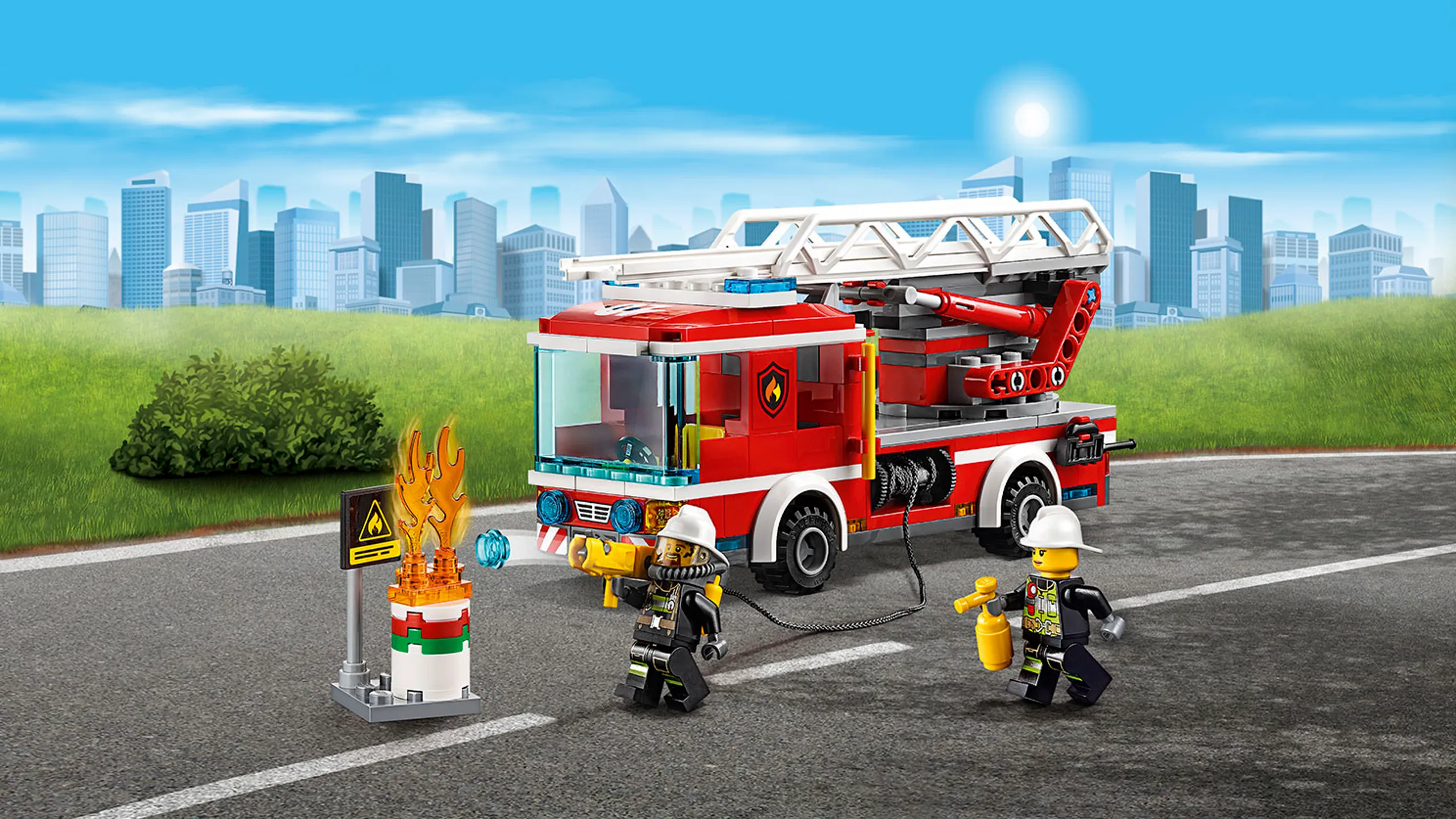 LEGO City Fire - 60107 Fire Ladder Truck - Race to the scene in the Fire Ladder Truck with the fire fighters to put out the fire in the oil barrel.