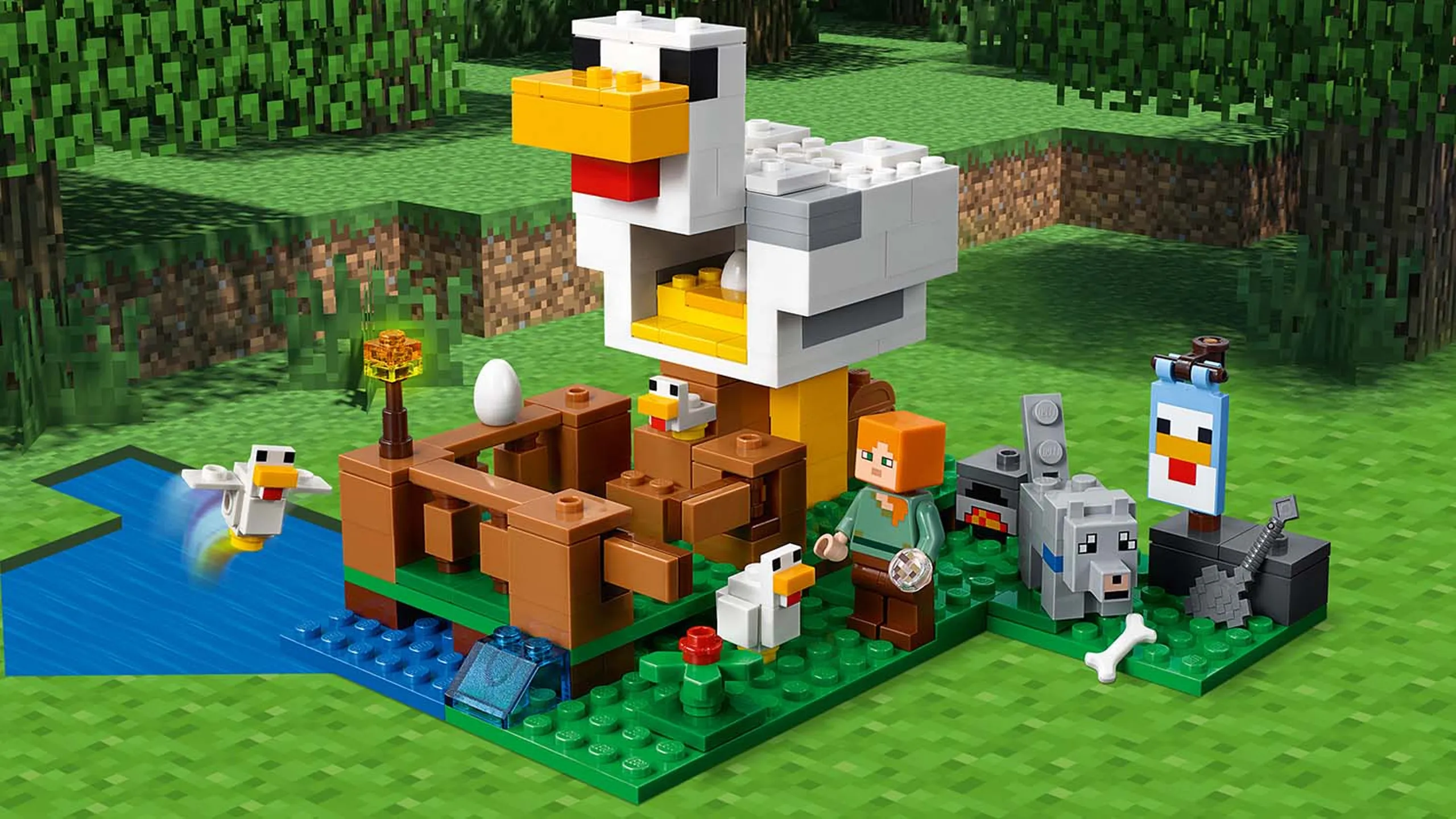 LEGO Minecraft - 21140 The Chicken Coop - Alex lets the chicken out of the pen and henhouse so he can go in and collect the eggs while the wolf waits outside is tamed with a bone.