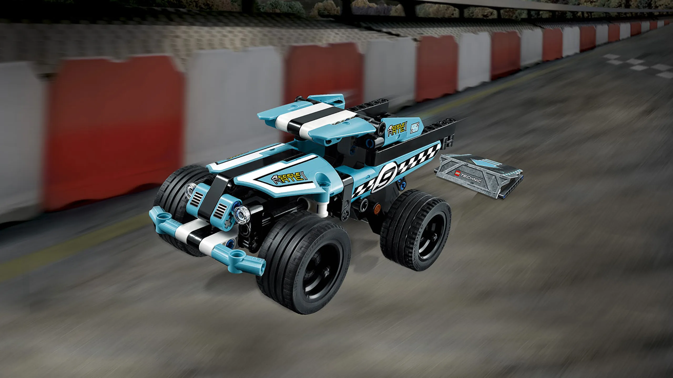 LEGO Technic - 42059 Stunt Truck - Activate the pull-back motor of the rugged Stunt Truck with checkered racing stickers, sturdy front bumper and wide blue rims with low profile tires for ultimate grip.