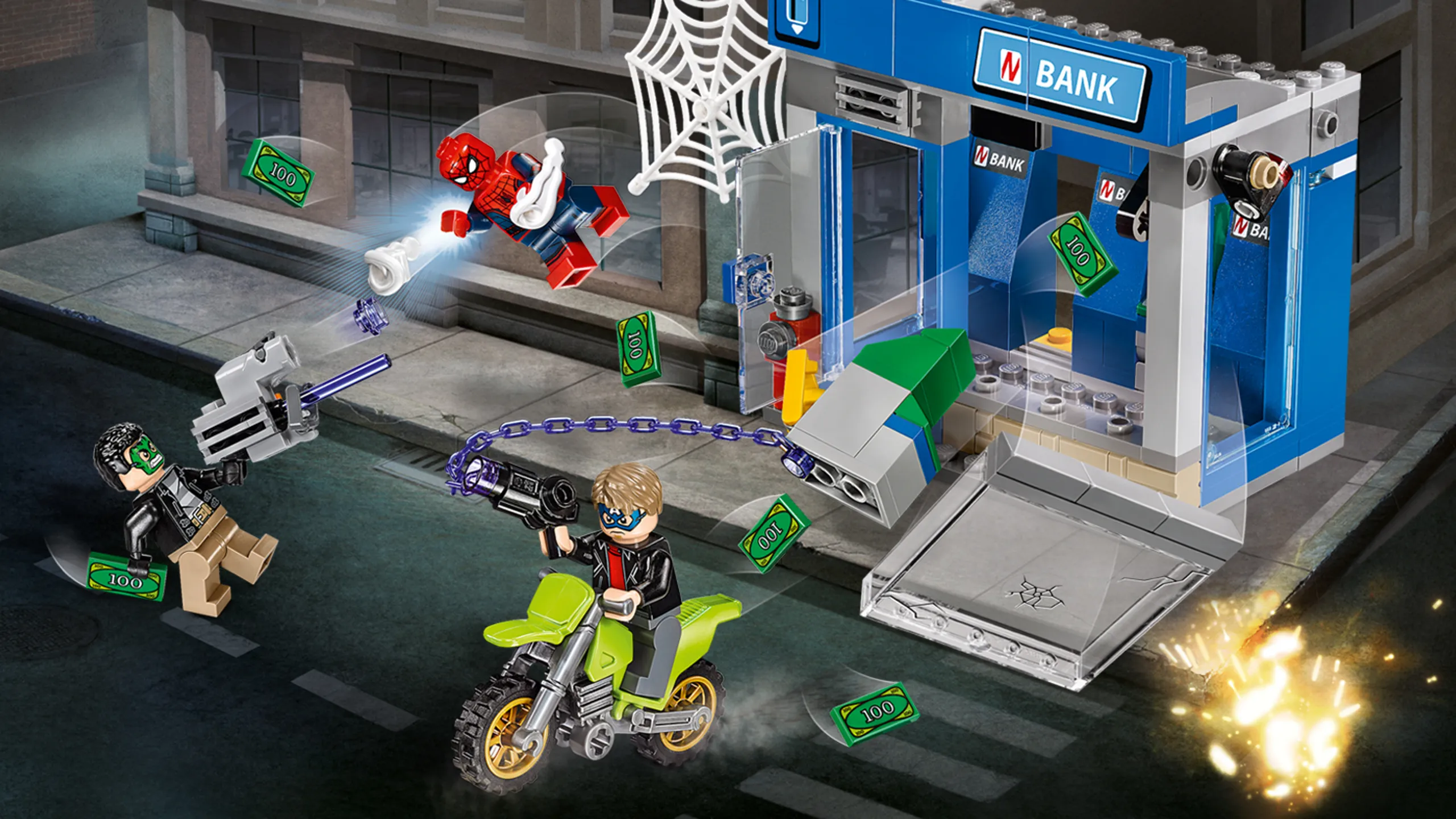 LEGO Super Heroes - 76082 ATM Heist Battle - Masked robbers steal an ATM from the bank with a special chain and motorcycle so Spider-Man fires power studs to catch the robbers.