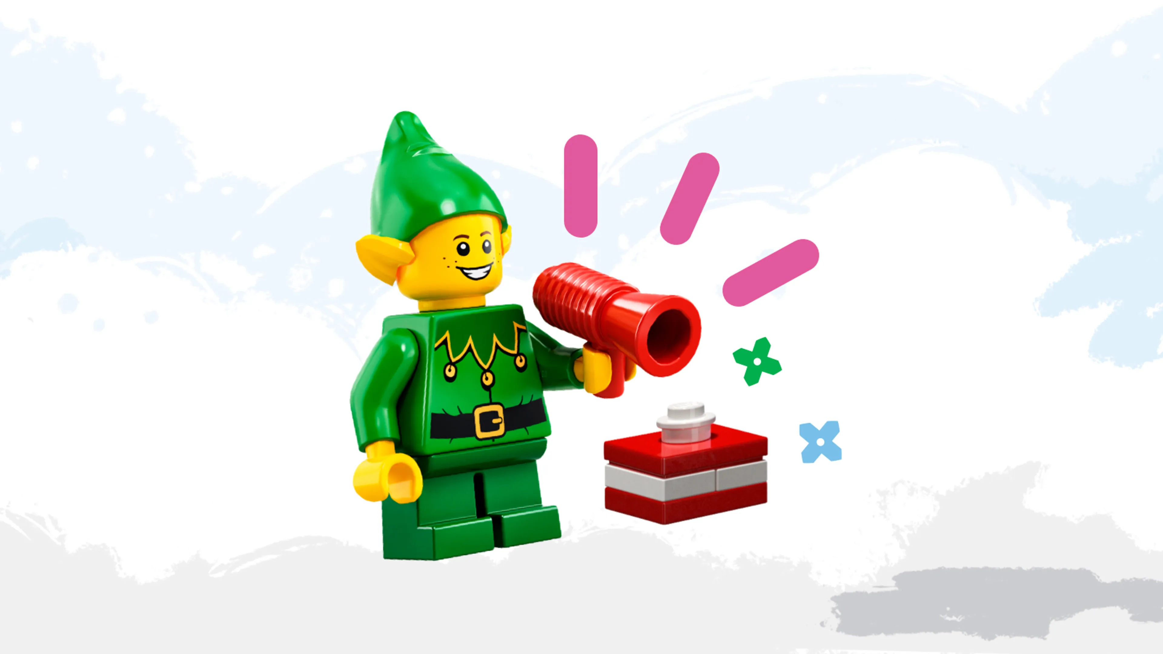 An elf minifigure with a LEGO present