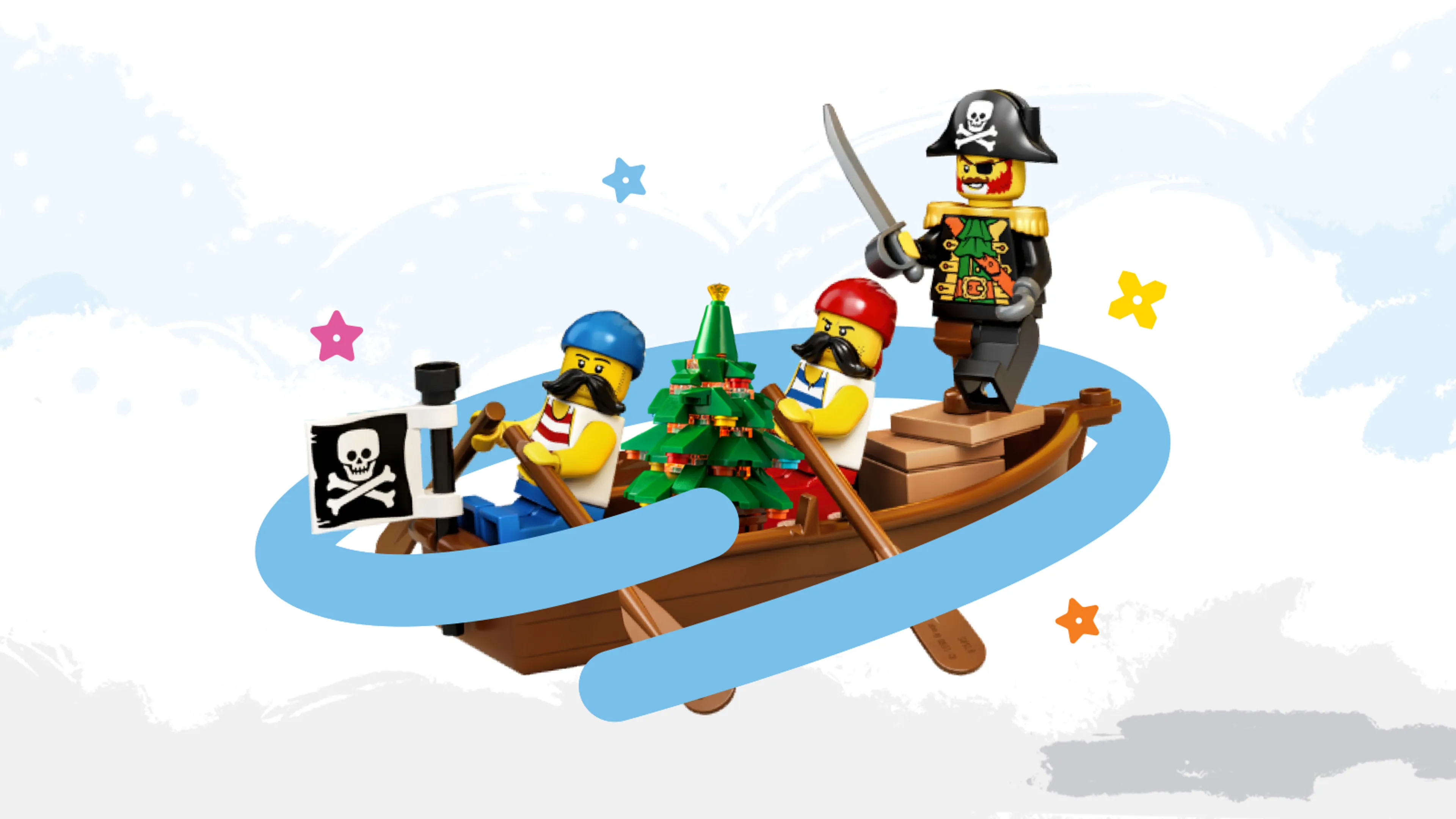 Minifigure pirates in a boat with a holiday tree