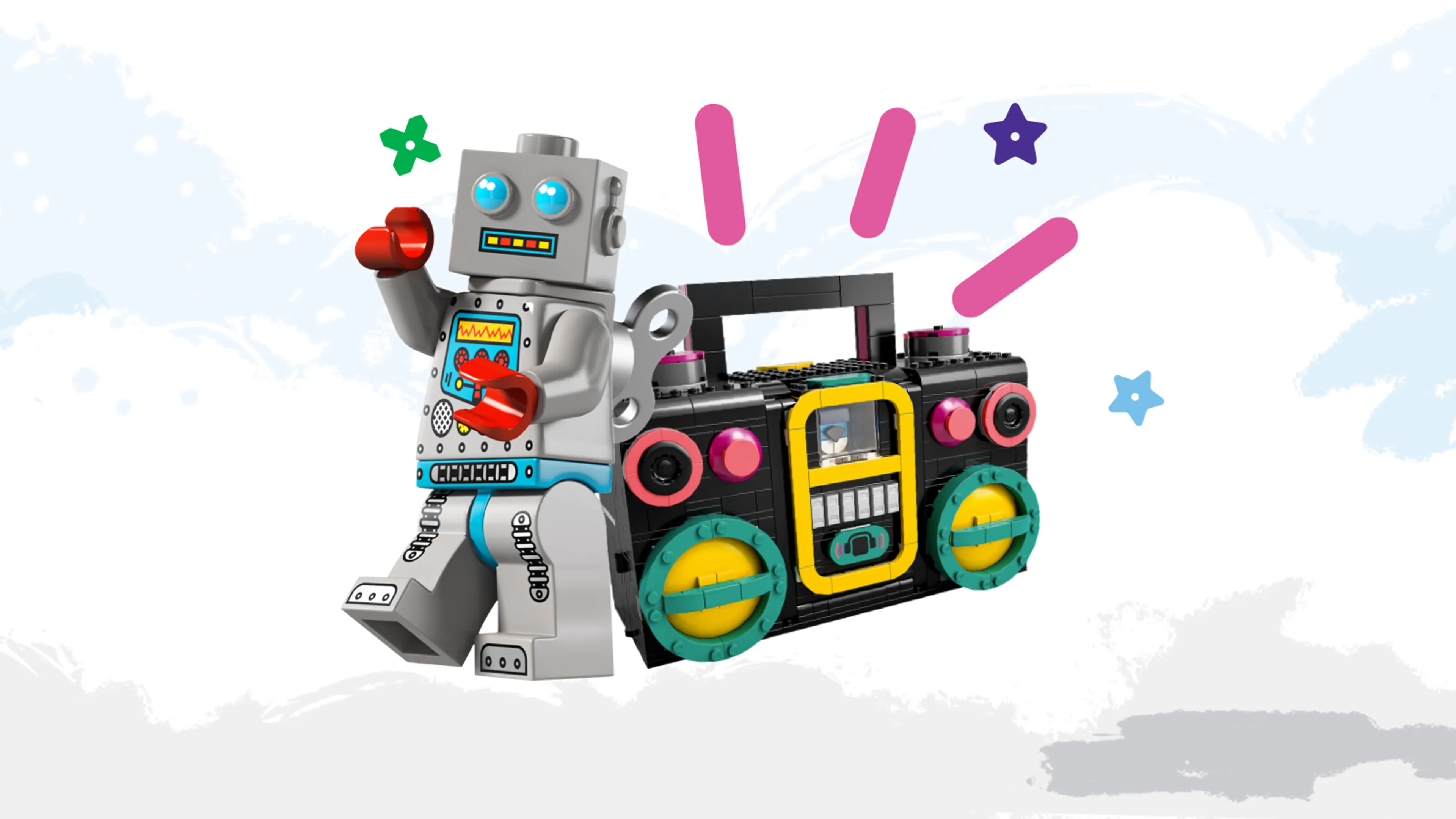 A robot minifigure and a LEGO boombox
