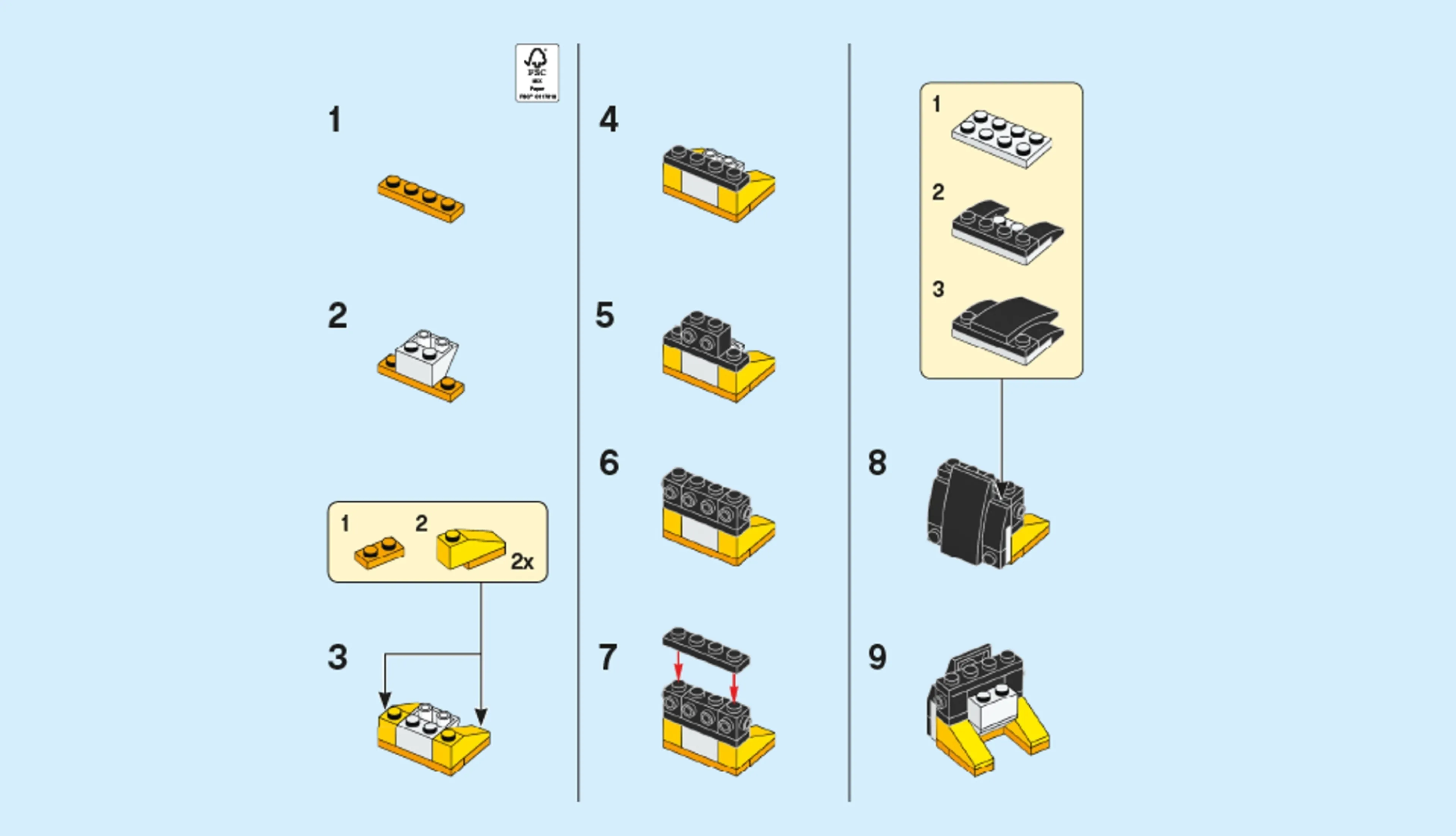 Bouwinstructies om een LEGO pinguïn te bouwen met verschillende stappen deel 3