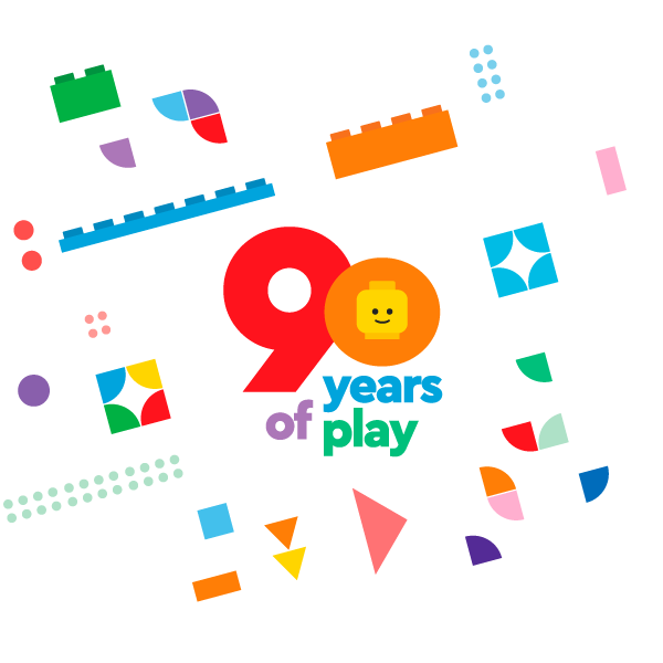 "90 years of play" logo with various minimalistic LEGO brick style decorative elements