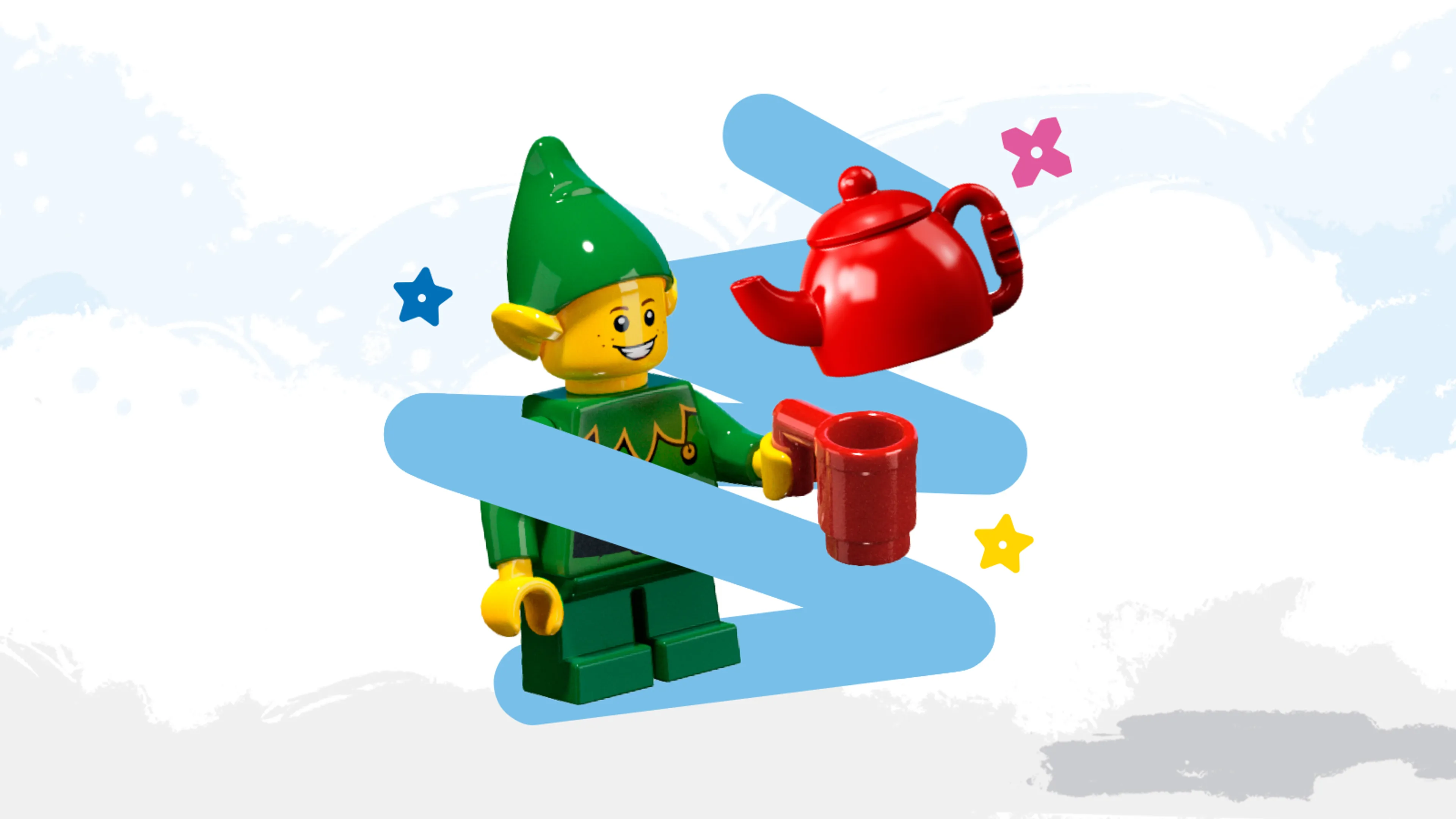 A minifigure elf with a mug and a kettle