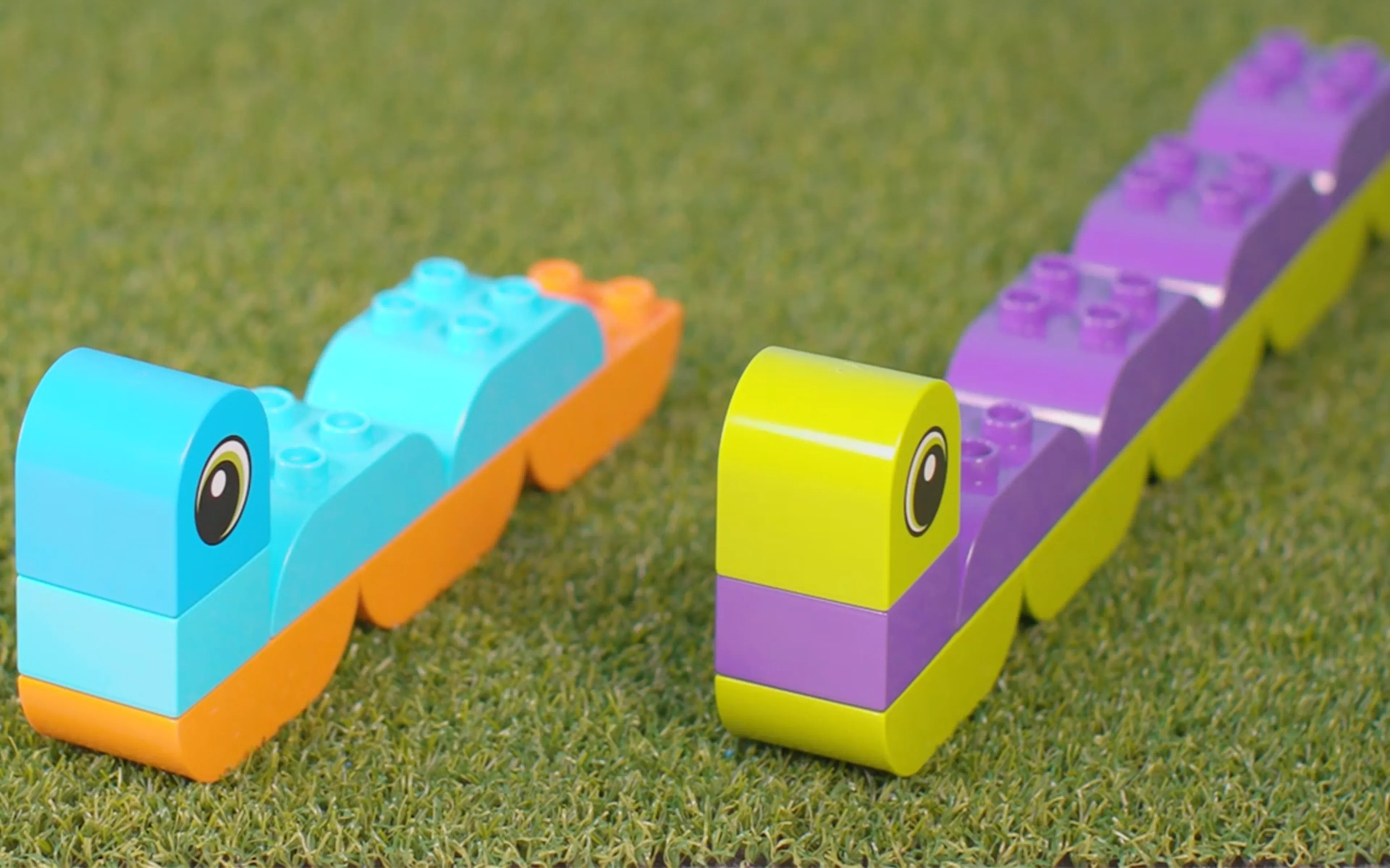 An image of a long LEGO DUPLO snake next to a short one