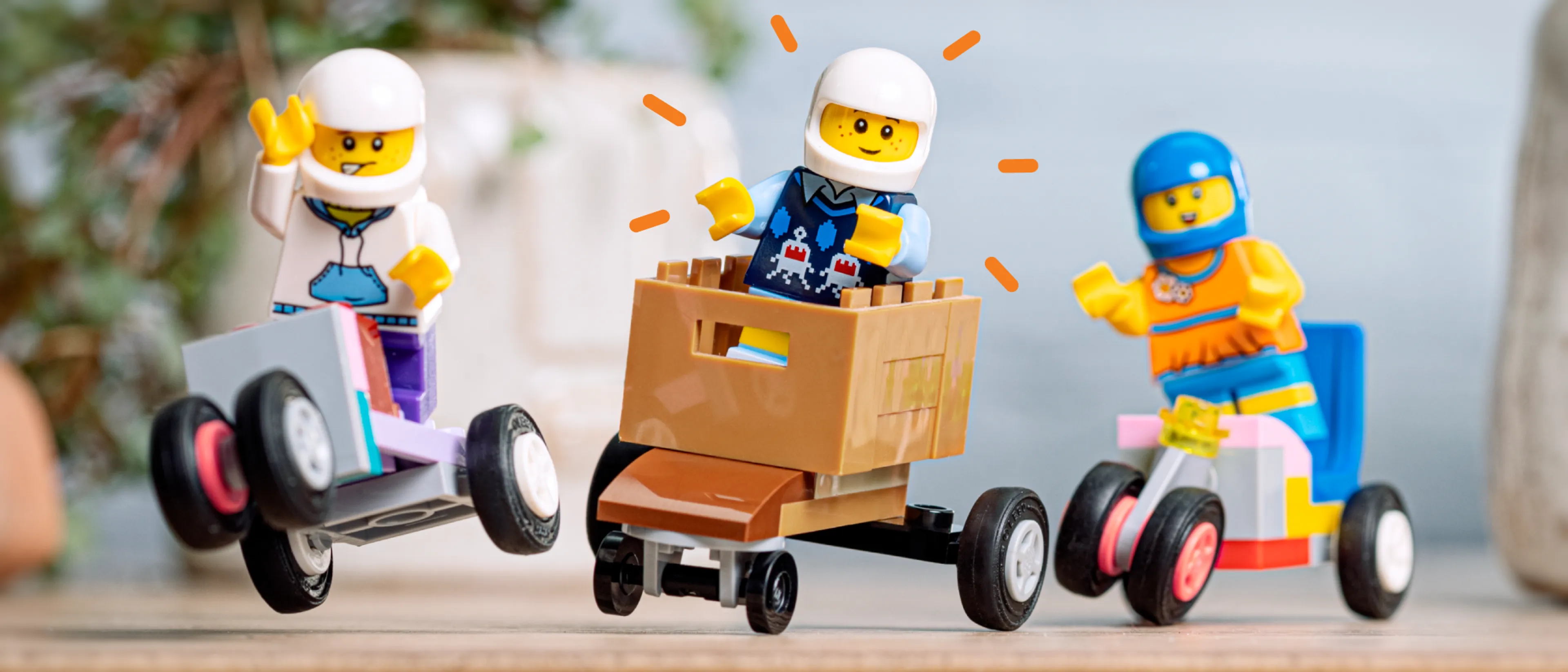 A LEGO minifigure races
