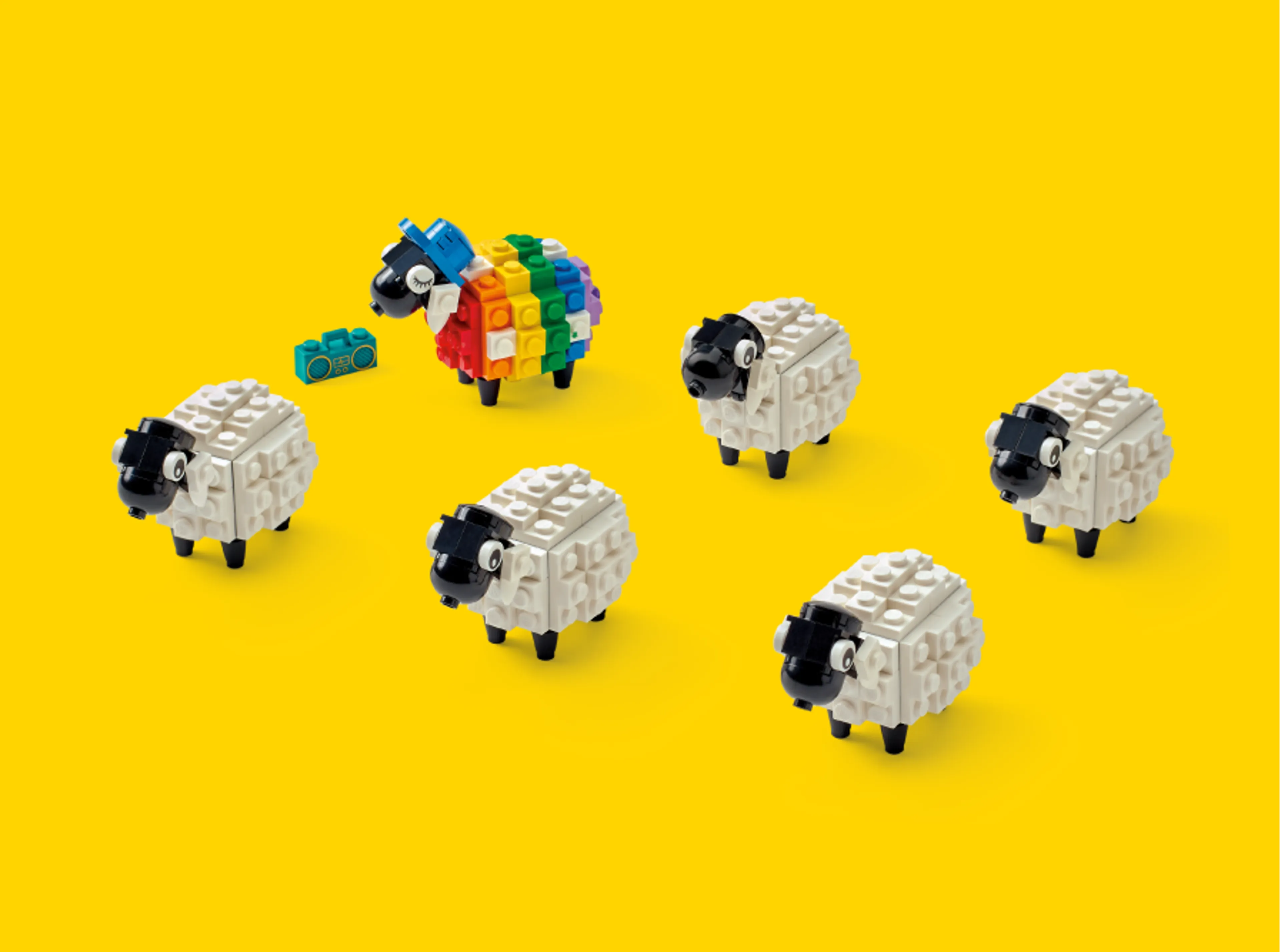 Een regenboogschaap omringd door normale schapen