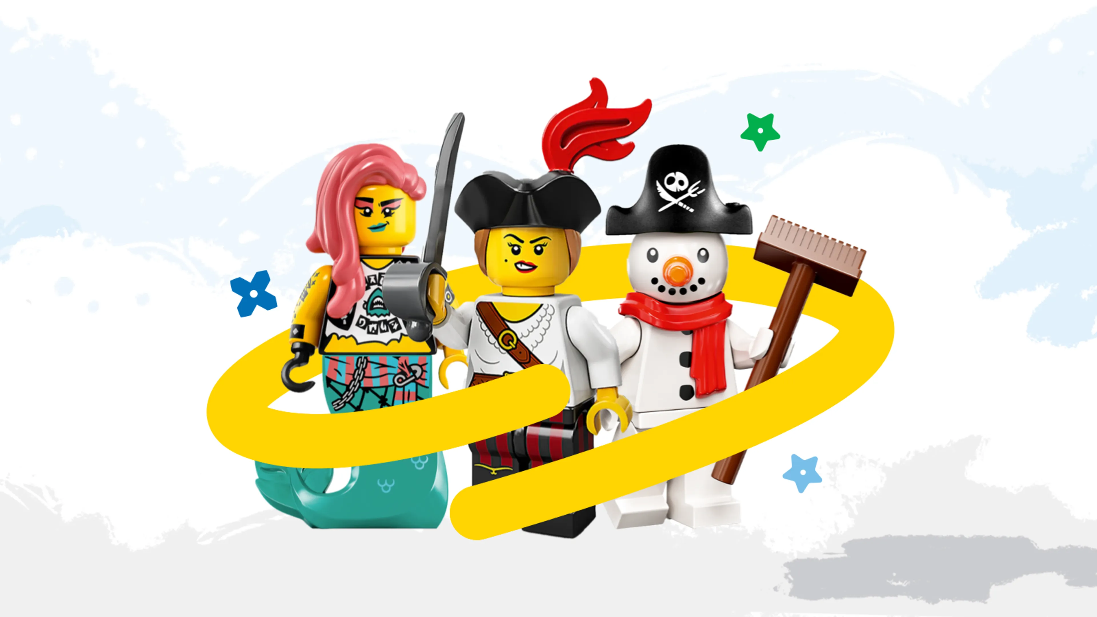 A pirate, a mermaid and a snowman minifigure