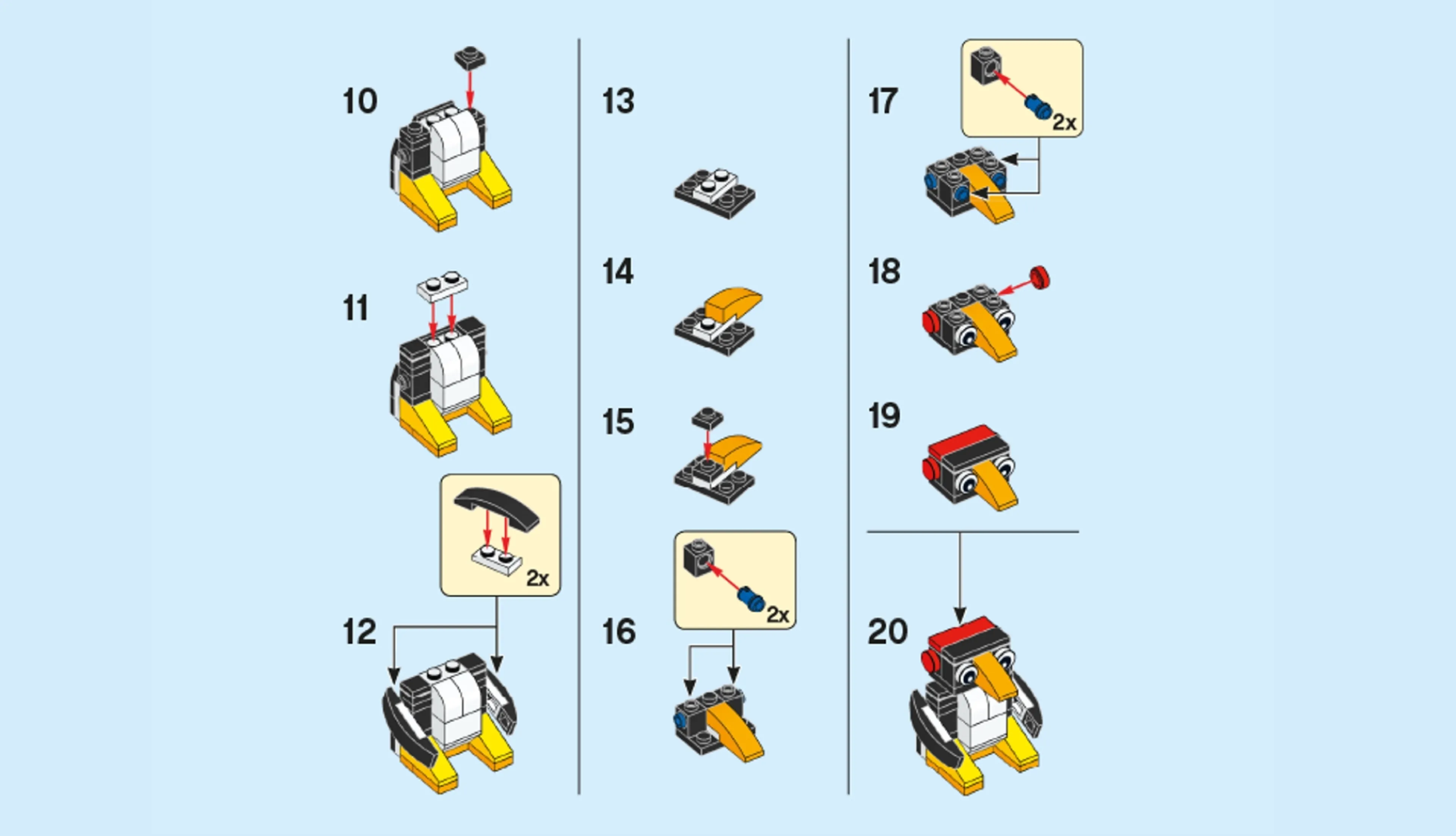 Bouwinstructies voor het bouwen van een LEGO pinguïn met verschillende stappen