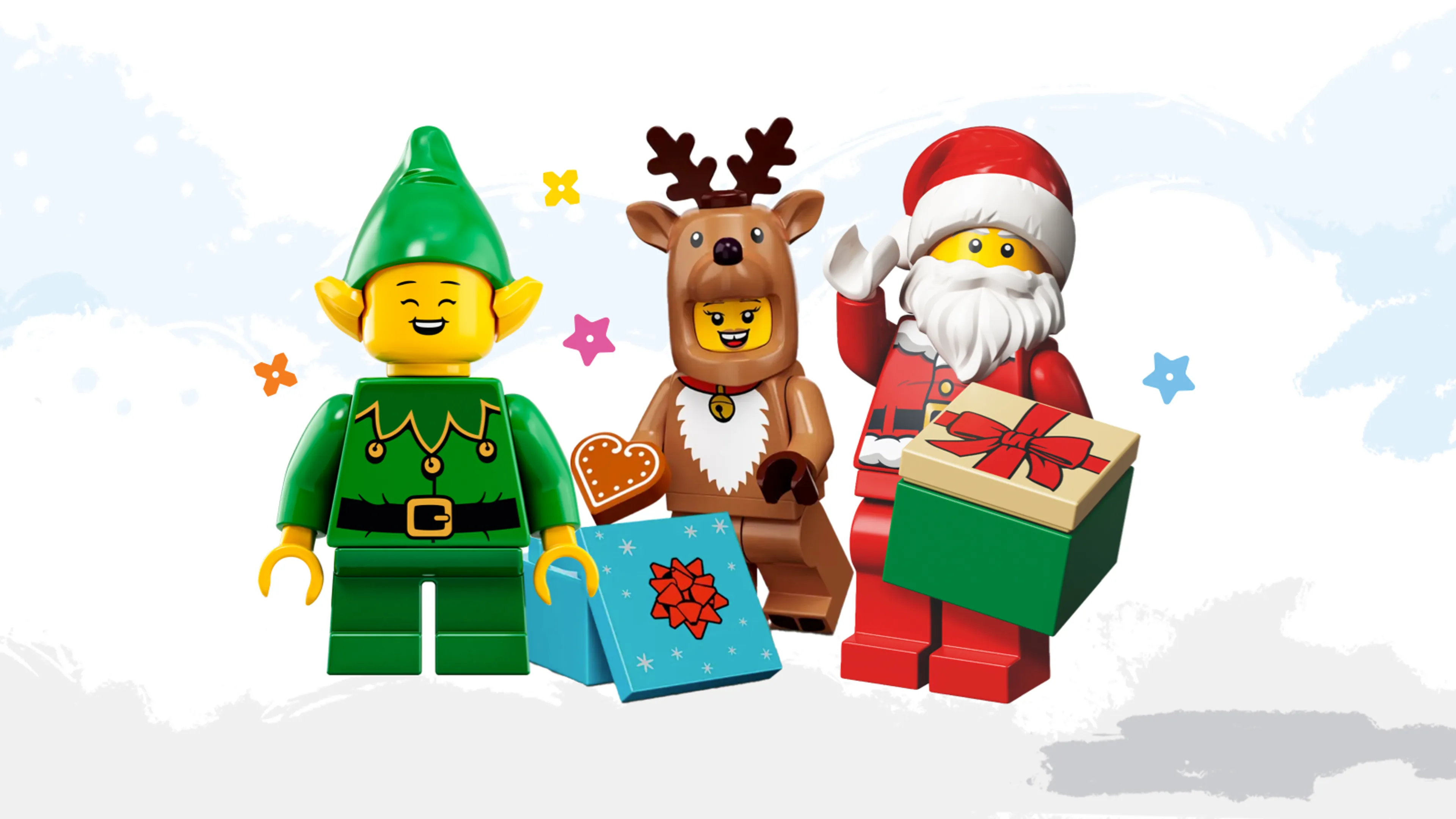 Elf, reindeer and Santa minifigures with presents