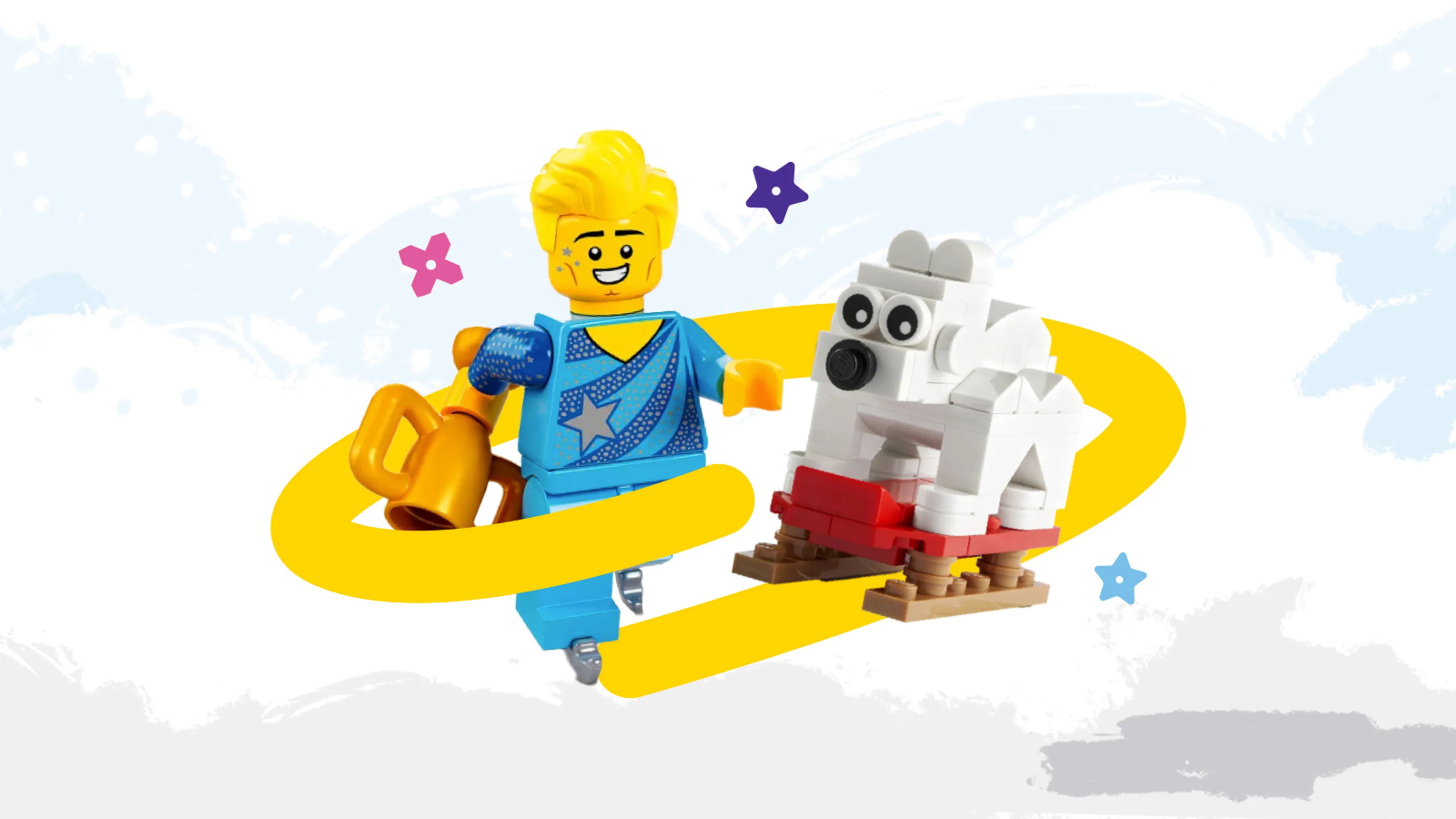 A minifigure and a LEGO animal skating