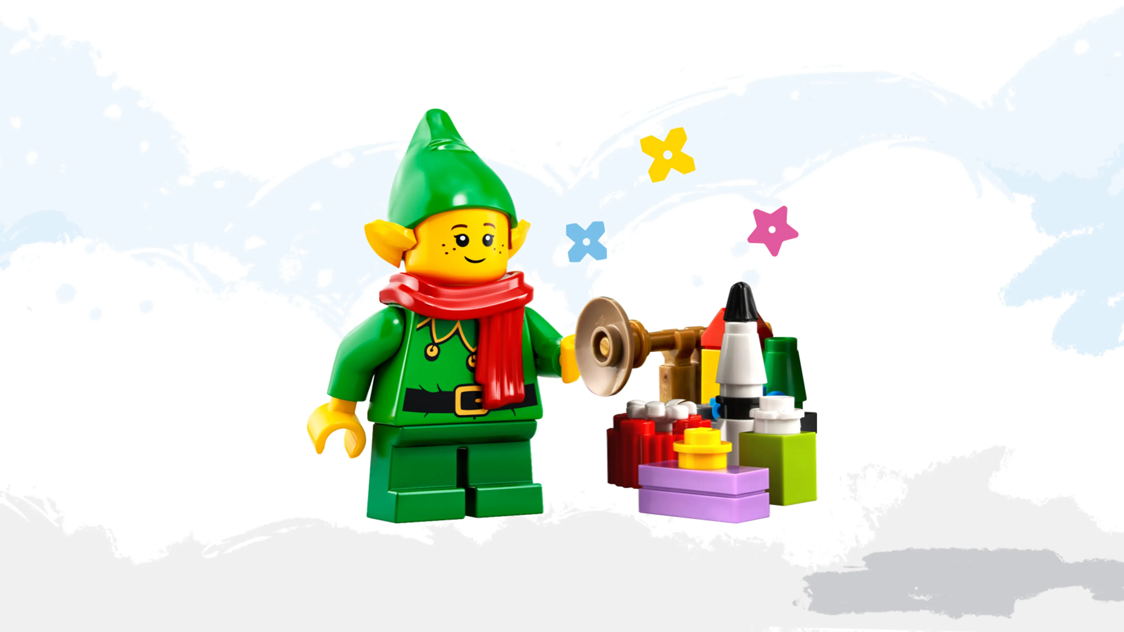 An elf minifigure with a pile of presents