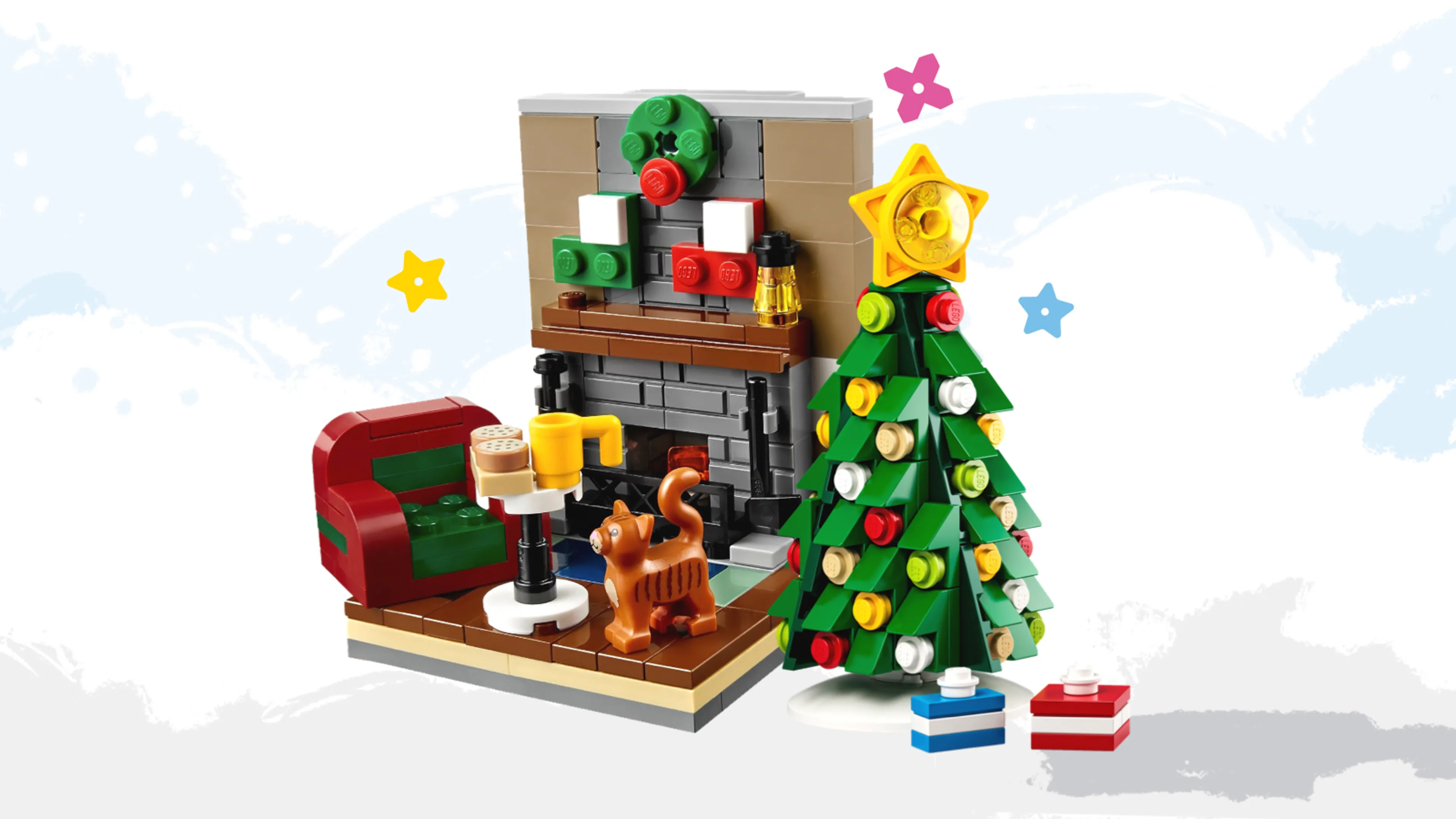 A cozy living room LEGO build featuring a fireplace and a holiday tree