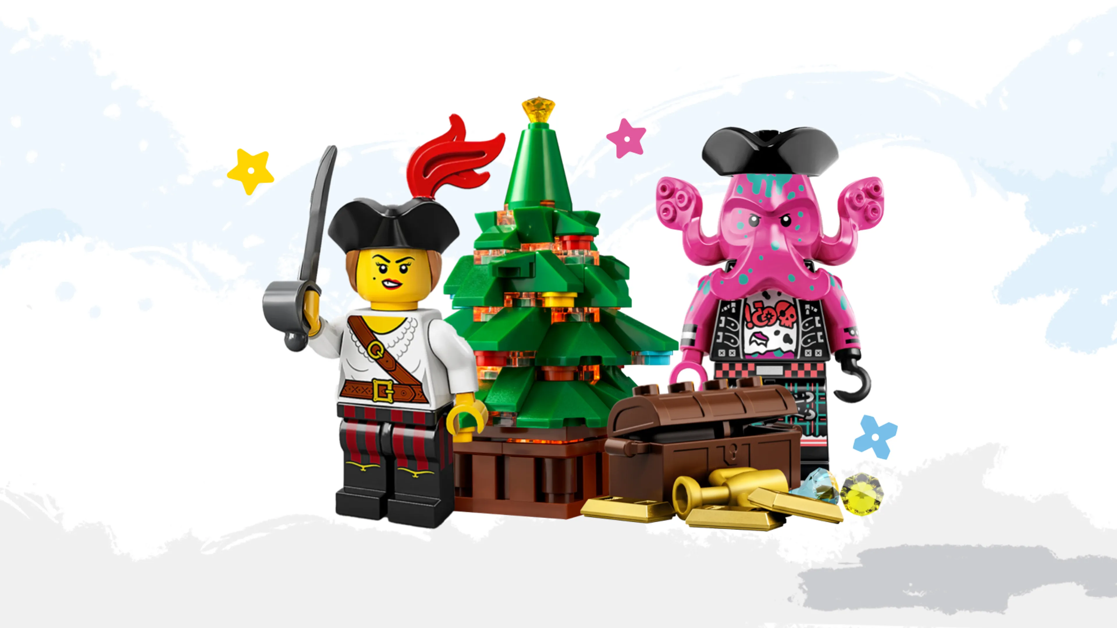 A pirate and octopus-face minifigure with a holiday tree