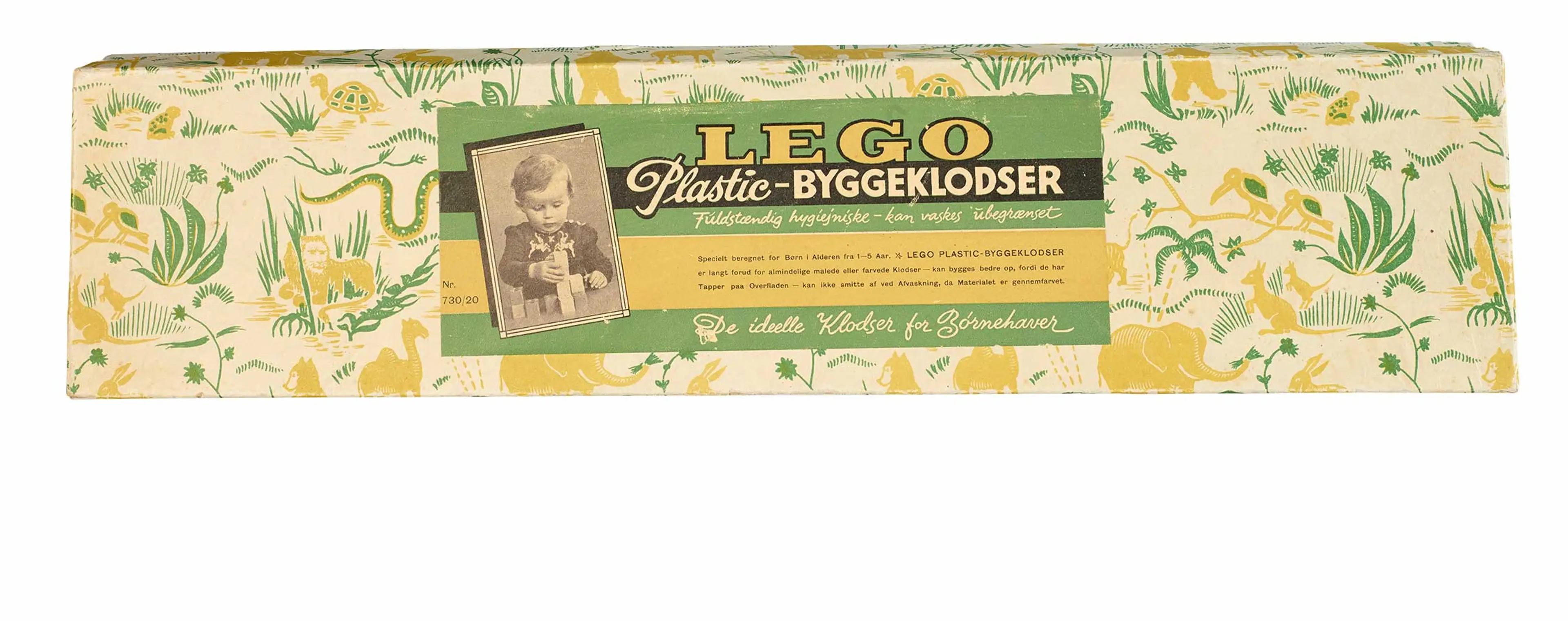 A box of LEGO plastic building bricks from 1949