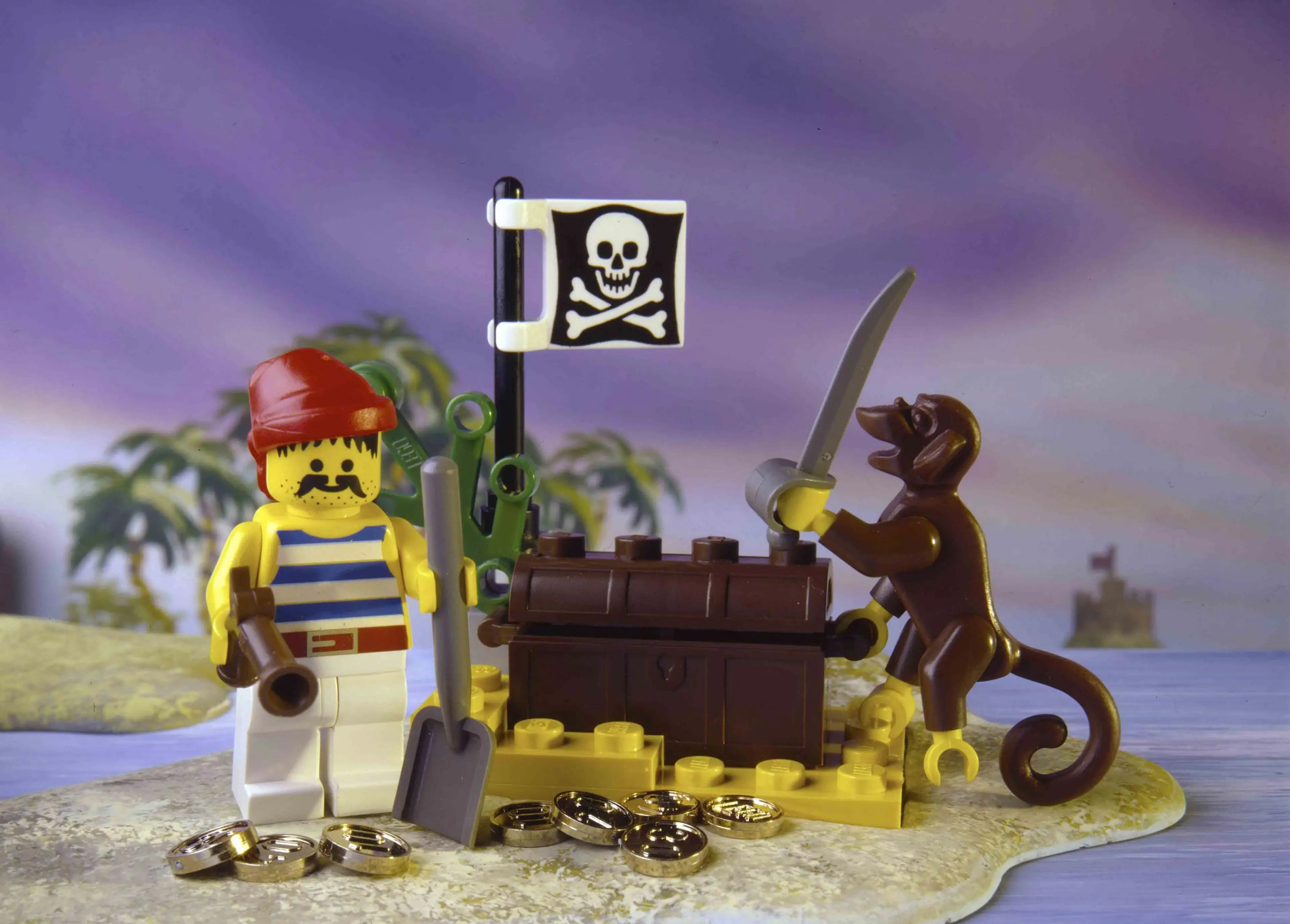 Pirates minifigure next to a chest and a monkey