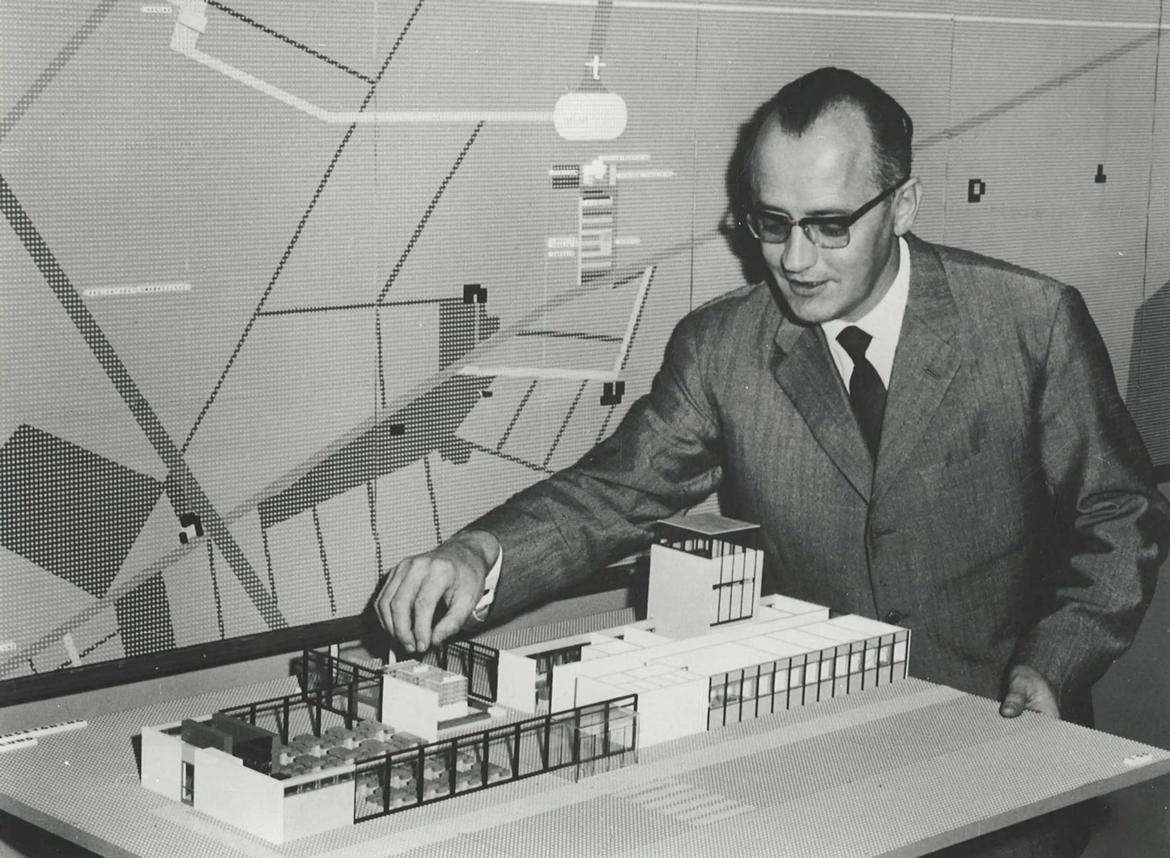 LEGO owner Godtfred Kirk Christiansen with a brick built model of an airport terminal