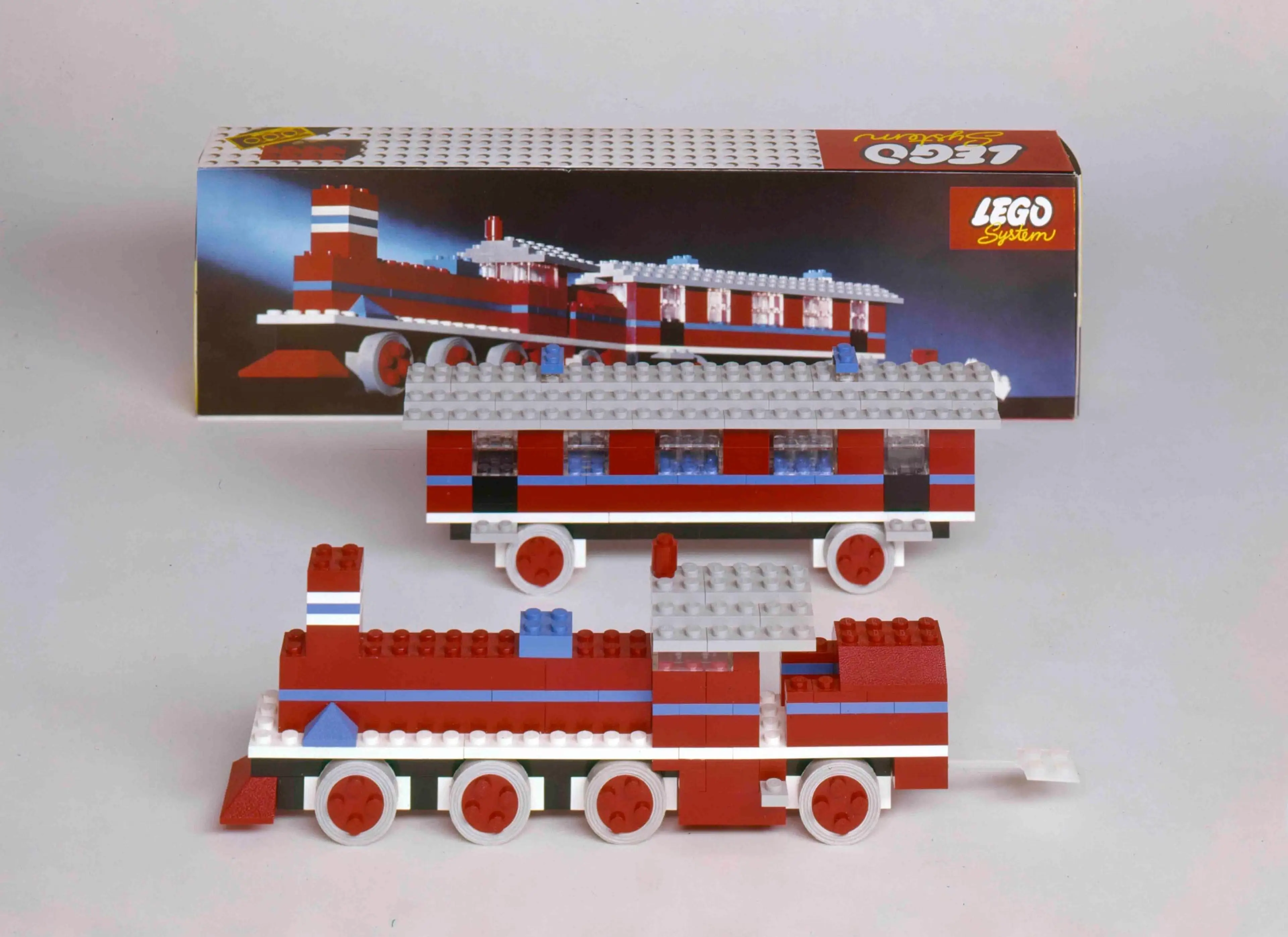 model and box of the first brick built LEGO train