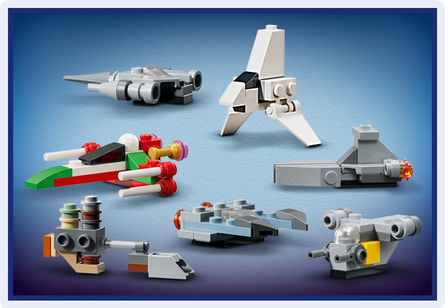 Micro-scale vehicle builds from LEGO set 75456 including the Razor Crest, an Imperial shuttle and the N-1 starfighter