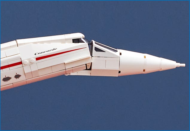 Close-up of LEGO Concorde model with nose in the down position