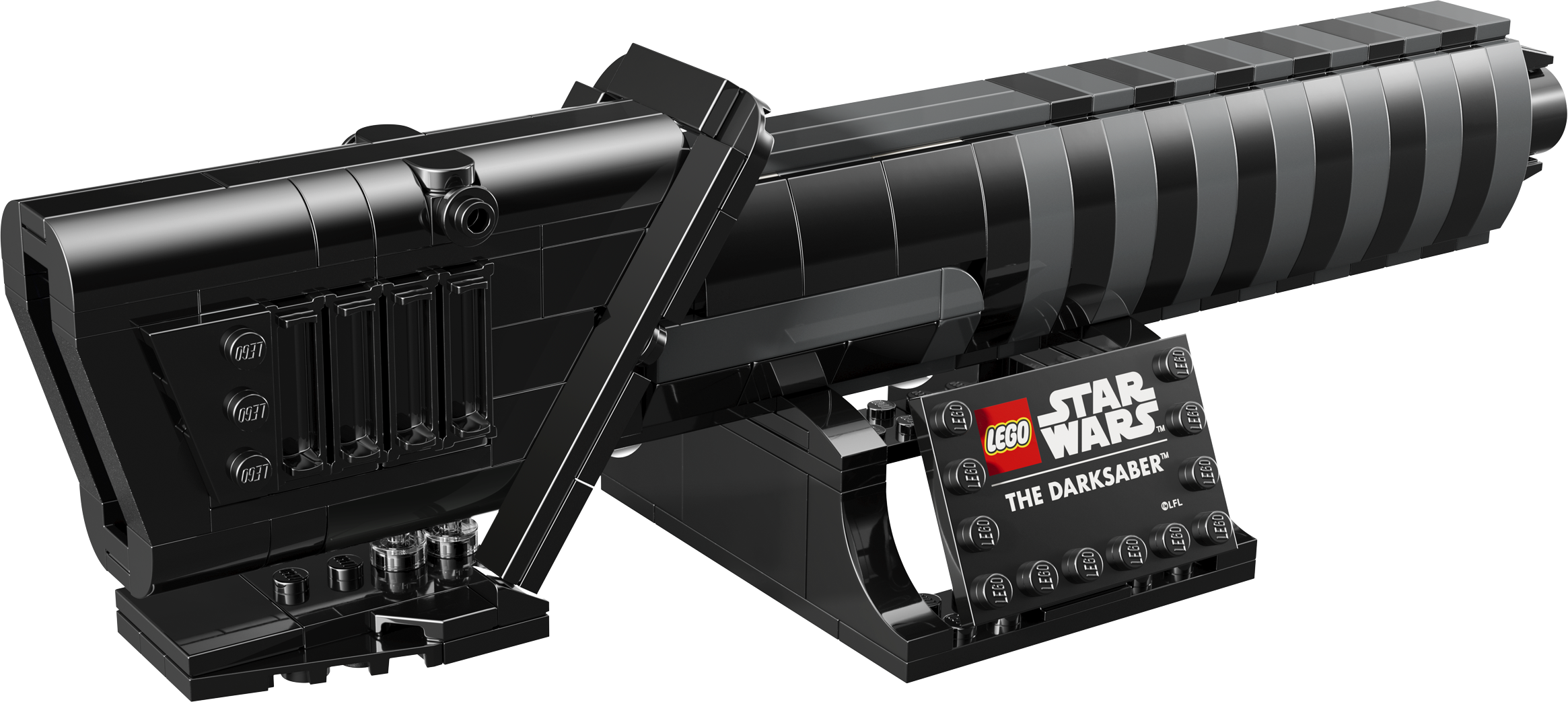 LEGO Star Wars The Darksaber 40917 display model product shot showing the black blade hilt on its stand