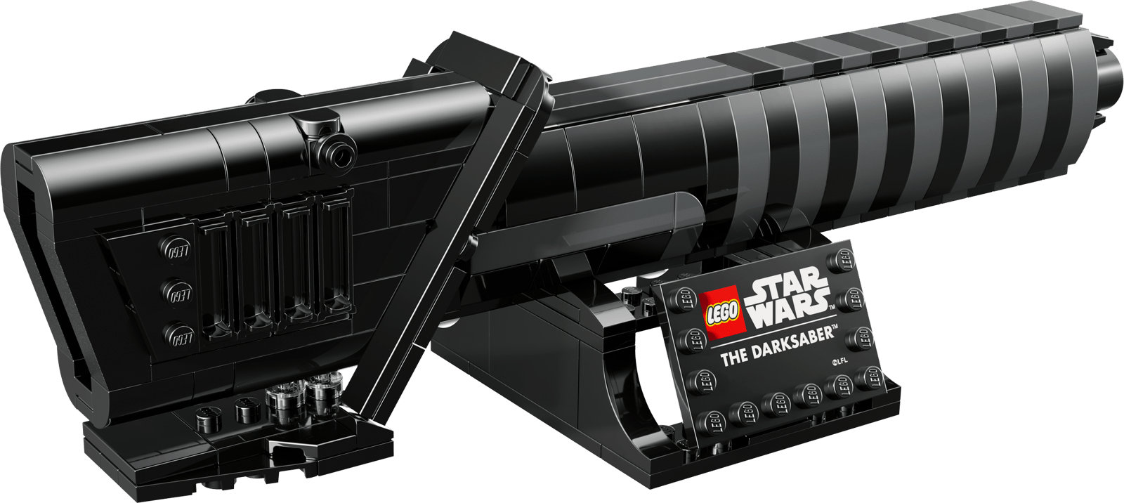 LEGO Star Wars The Darksaber 40917 display model product shot showing the black blade hilt on its stand