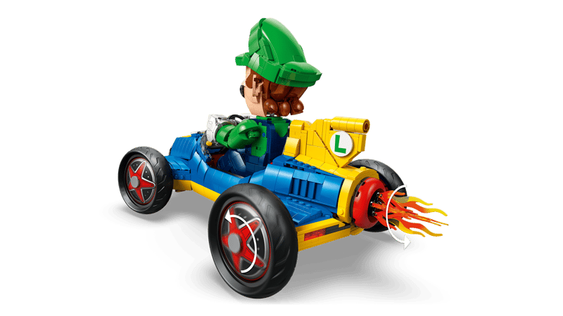 LEGO 72050 Turboflitzer Rueckansicht mit rotierenden Flammen-Elementen am Auspuff und L-Logo auf dem Spoiler