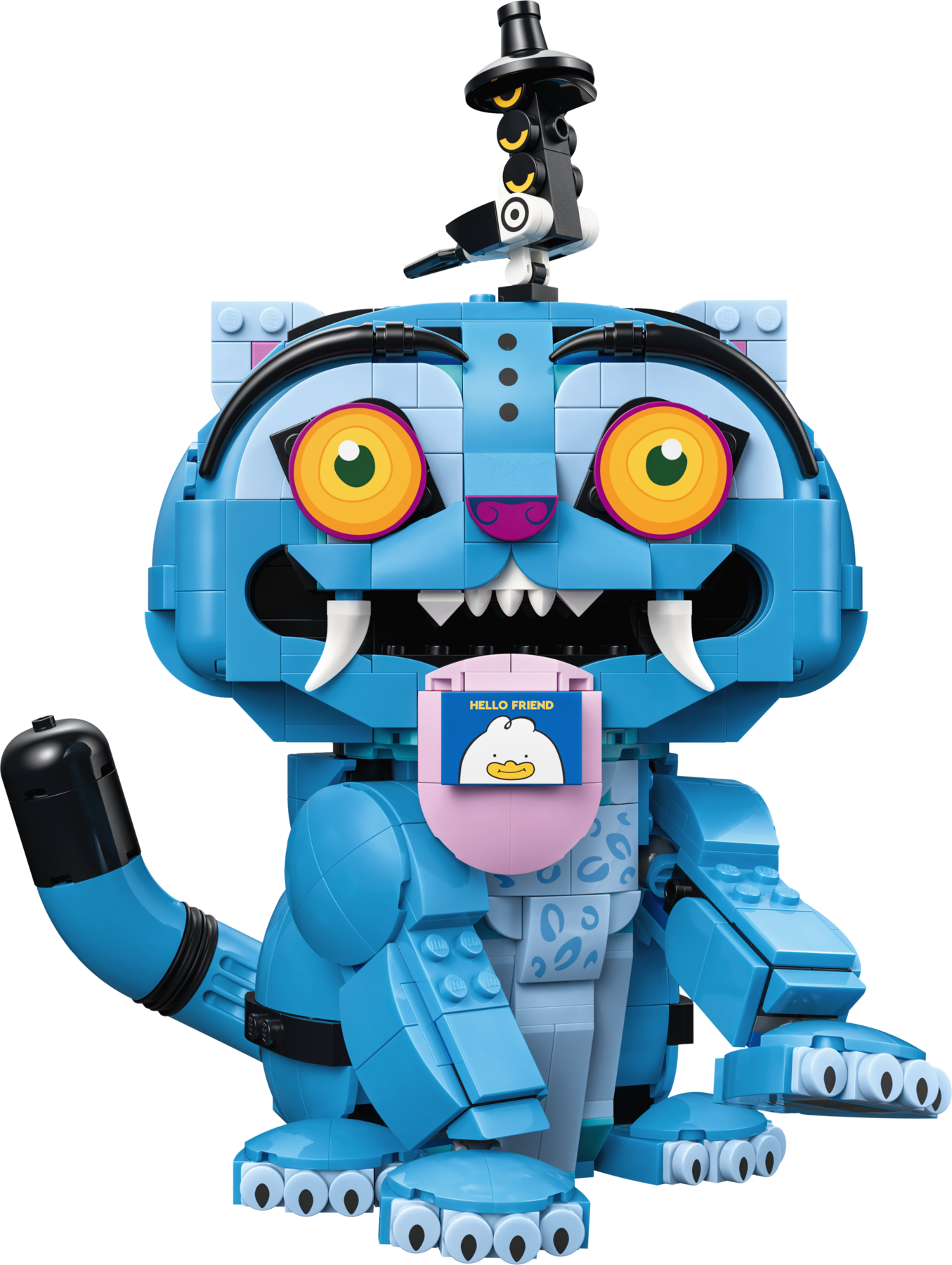 A LEGO® KPop Demon Hunters Derpy Tiger and Sussie Bird set featuring a posable tiger with a love note on its tongue.