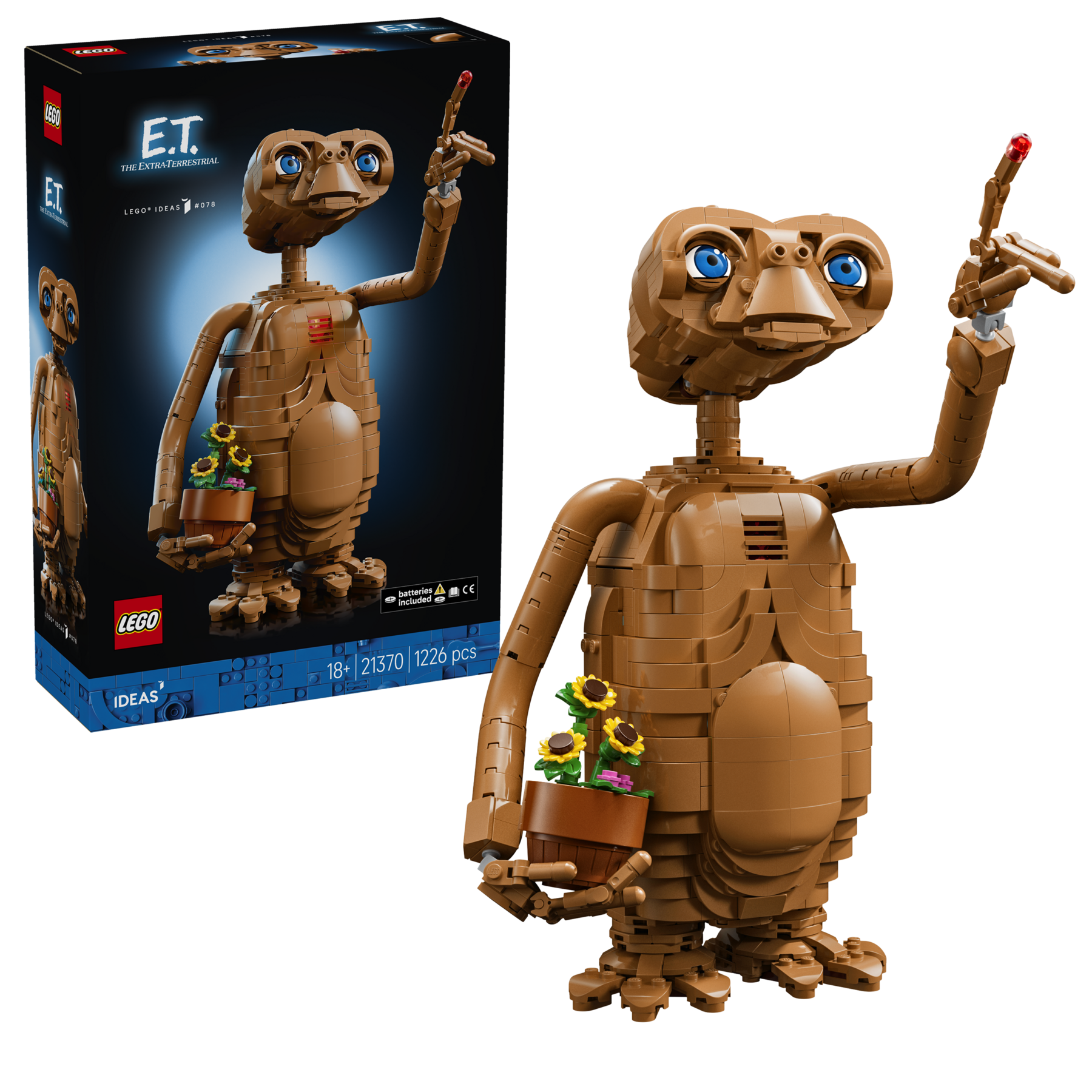 LEGO&reg; Ideas E.T. the Extra-Terrestrial box shown top left, with built scene featuring an E.T. figure shown below.