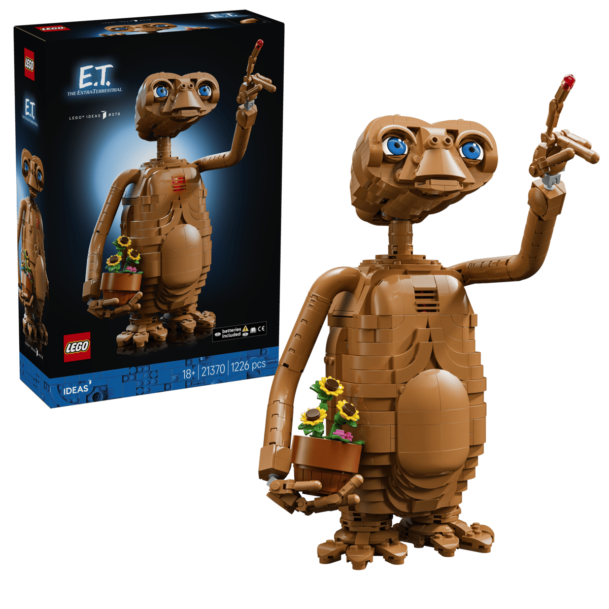 LEGO® Ideas E.T. the Extra-Terrestrial box shown top left, with built scene featuring an E.T. figure shown below.