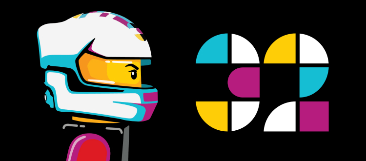 A black banner with an image of a Racer's helmet at the left hand side, and the number 32 on the right-hand side.