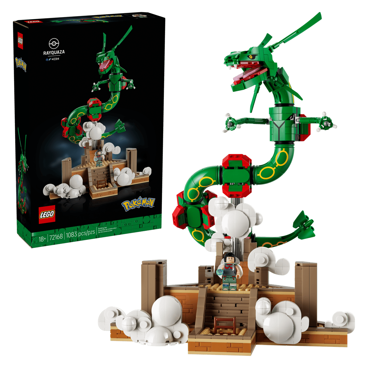 LEGO® Pokémon™ Rayquaza box shown top left, with built scene featuring a posable figure and minifigure below.