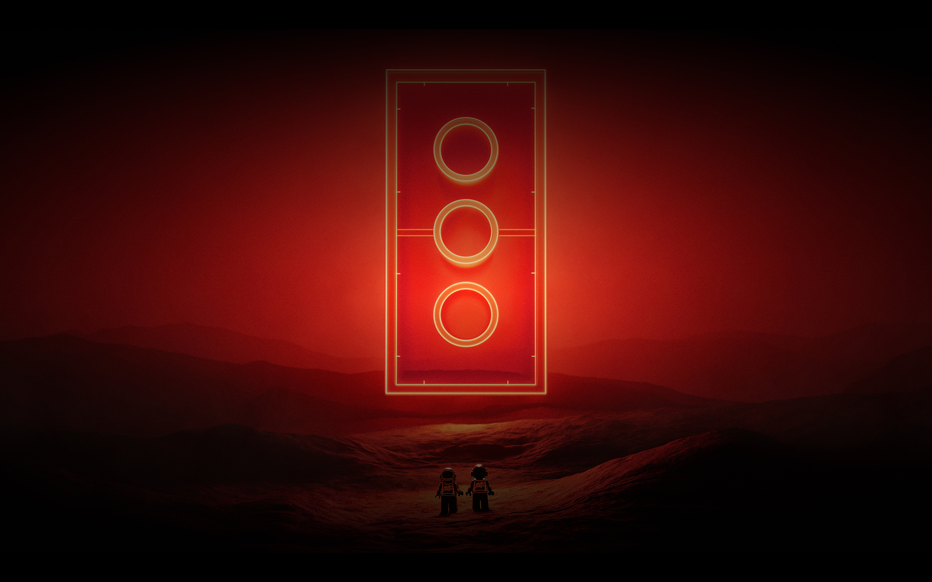 Двата LEGO образа на Daft Punk пред огромна светеща червена тухличка от официалната кампания
