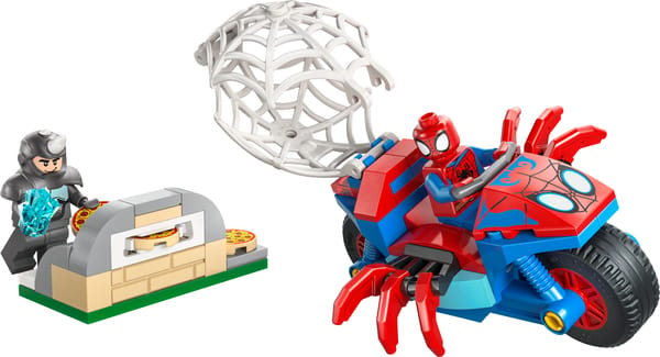Spidey på sin motorcykel mod Rhino